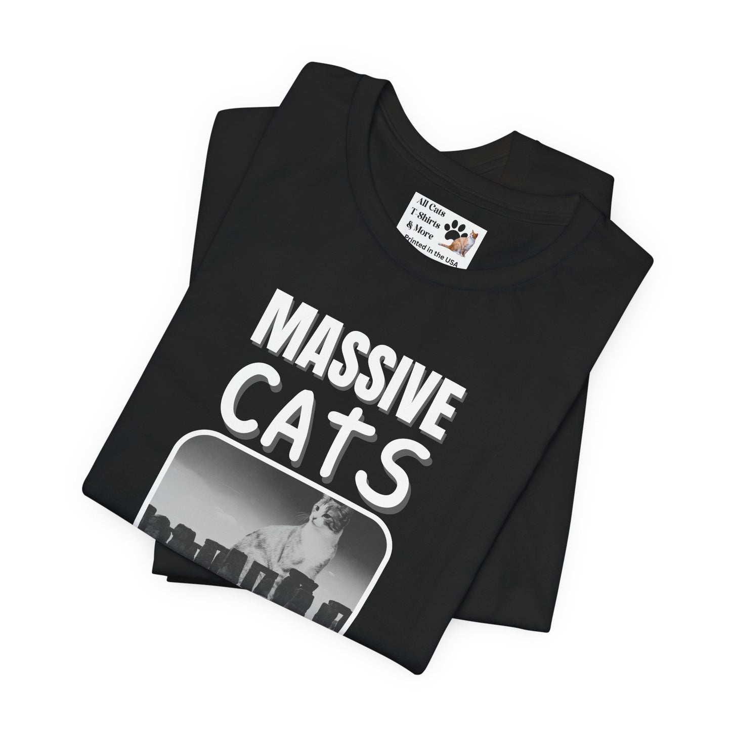 A Massive Cats T-Shirt - Huge Cat Sitting Behind Stone Henge - (Vintage Inspired, Funny Cat Unisex Jersey Tee - Perfect for Cat Fans!)