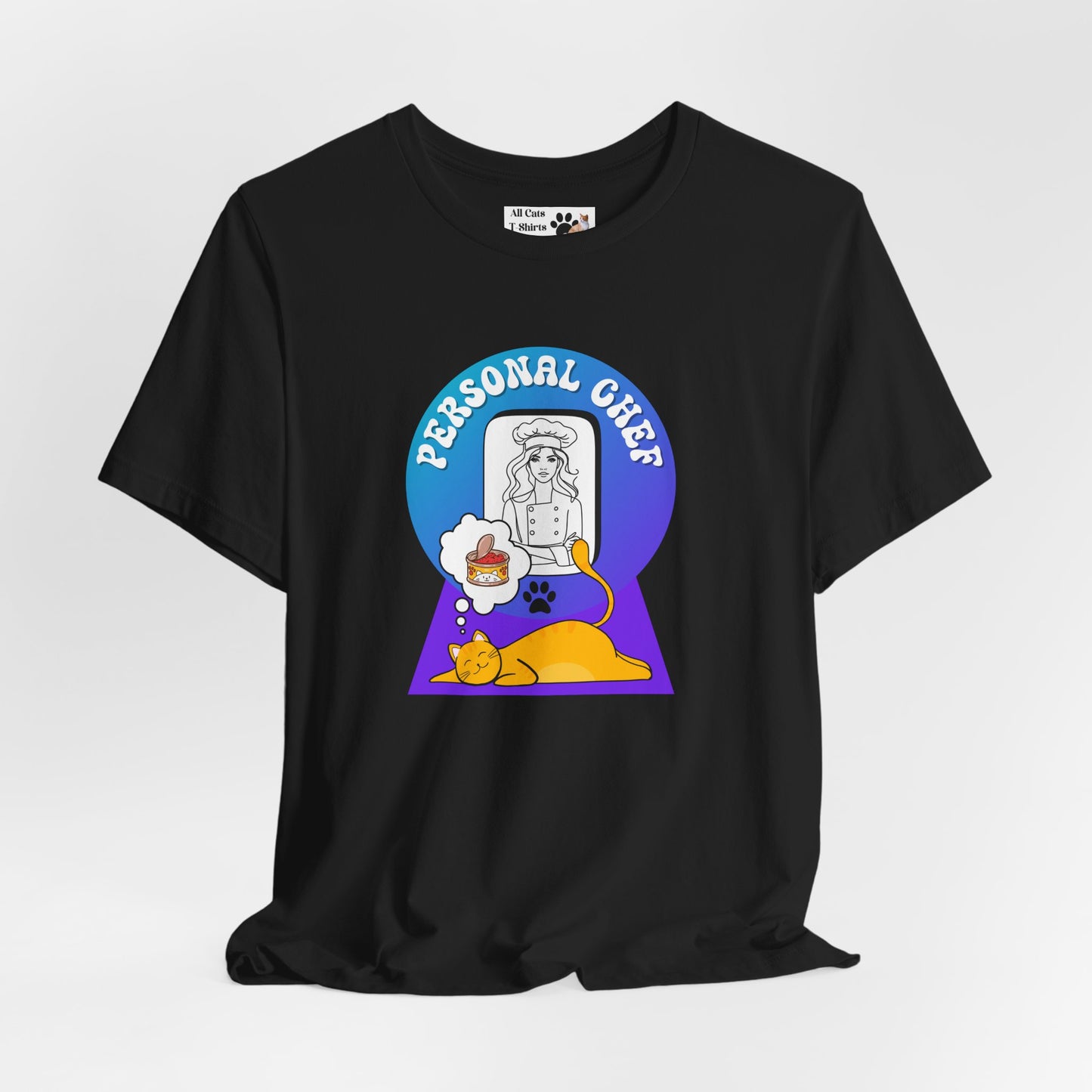 Personal Chef for Cats T-Shirt - (#12 - Orange Cat & Chef Blue Purple Design - Unisex Jersey Tee – Perfect for Cat Care Givers!)
