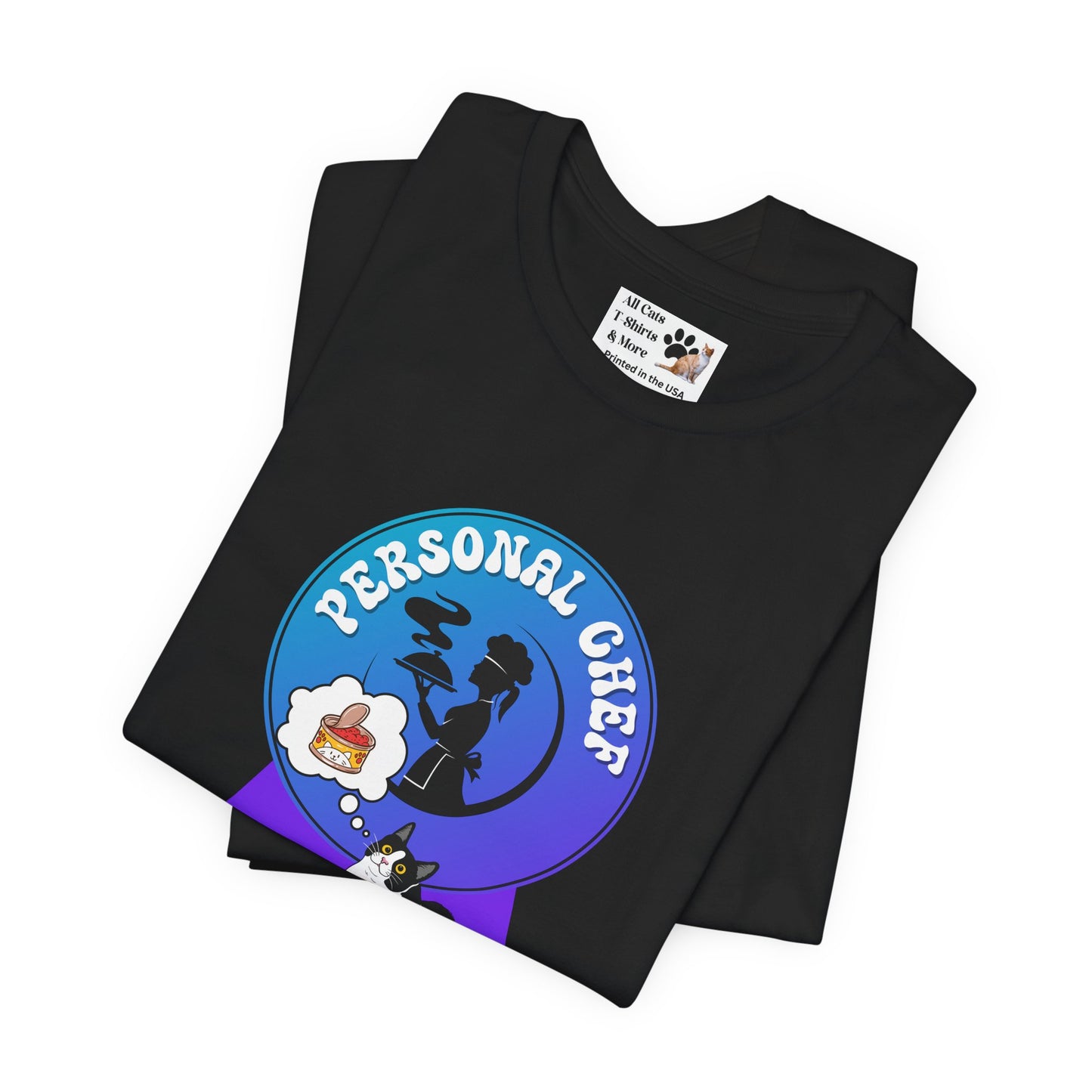 Personal Chef for Cats T-Shirt - (#9 - B/W Cat & Chef Silhouette Blue Purple Design - Unisex Jersey Tee ā Perfect for Cat Care Givers!)