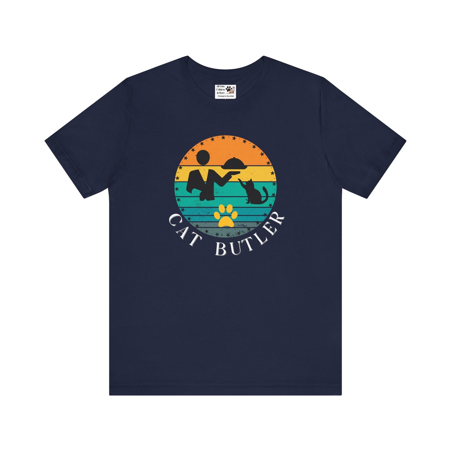 "Cat Butler" T-Shirt - With Vintage Sunset Style Graphic - (Unisex Jersey Short Sleeve Tee - Perfect Gift for Cat Lovers!)
