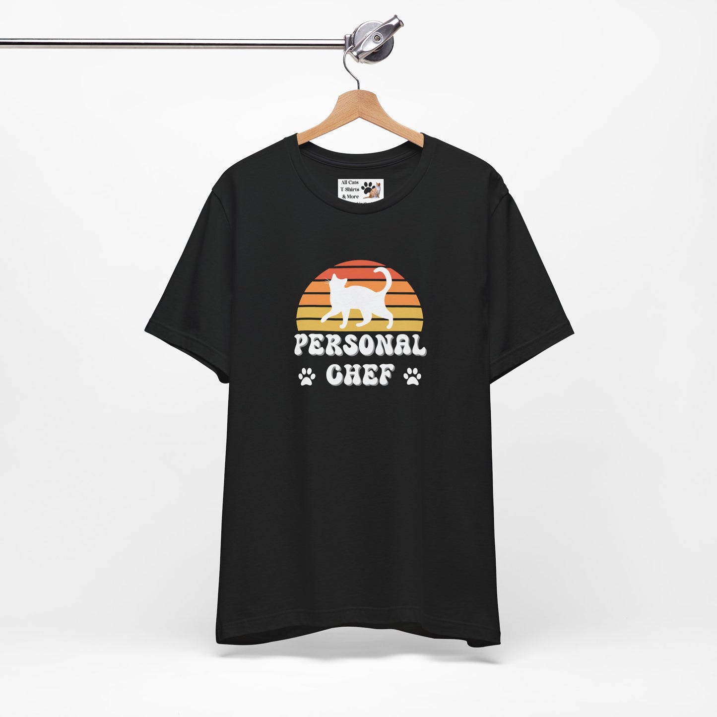 Vintage Sunset Personal Chef for Cats T-Shirt (#18 - White Cat Silhouette & Paw Prints - Unisex Jersey Tee – Funny Cat Tee)