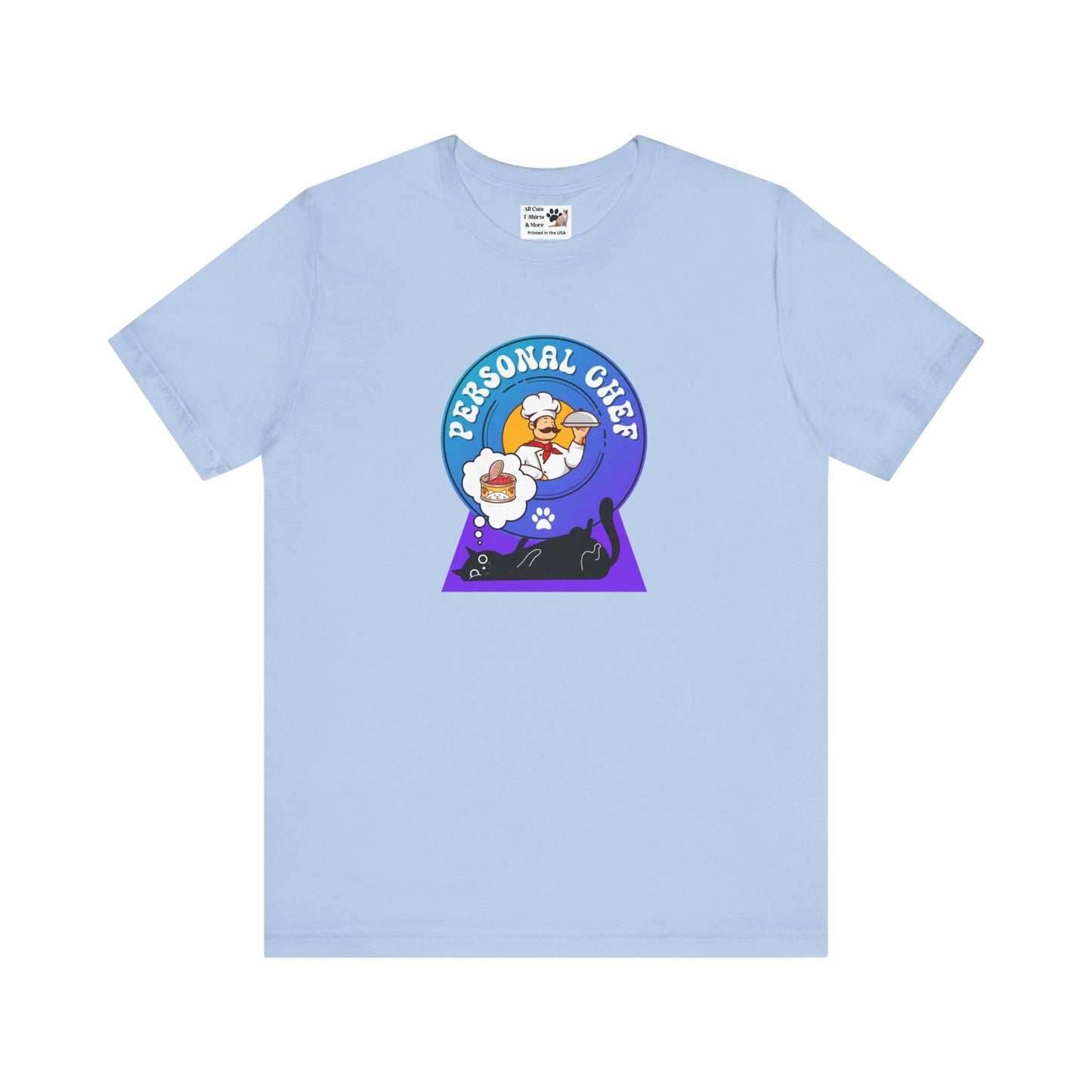 Personal Chef for Cats T-Shirt (#2 - Black Cat & Italian Chef, Blue Purple Design - Unisex Jersey Tee ā Perfect Cat Care Givers!)