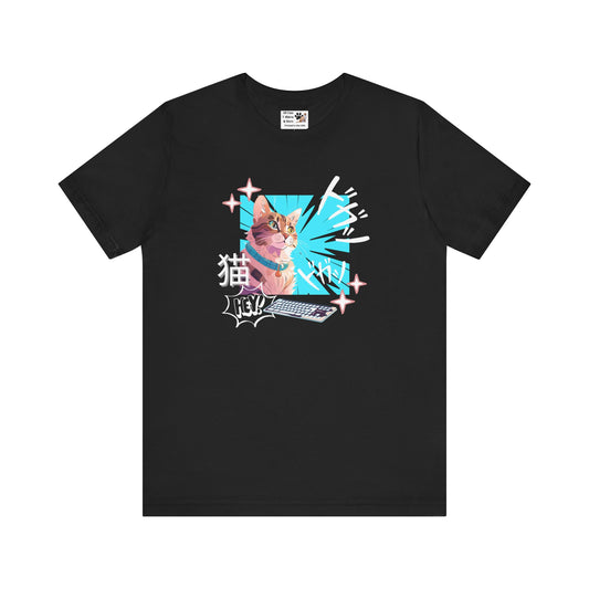 Cat & Keyboard "Kaboom" - Japanese Anime Style Graphic Tee - (Unisex Jersey Short Sleeve Tee for Cat Lovers)