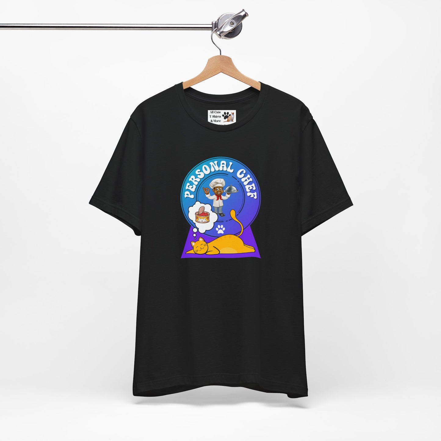 Personal Chef for Cats T-Shirt (#3 - Orange Cat & Chef Blue Purple Design - Unisex Jersey Tee – Perfect Cat Care Givers!)