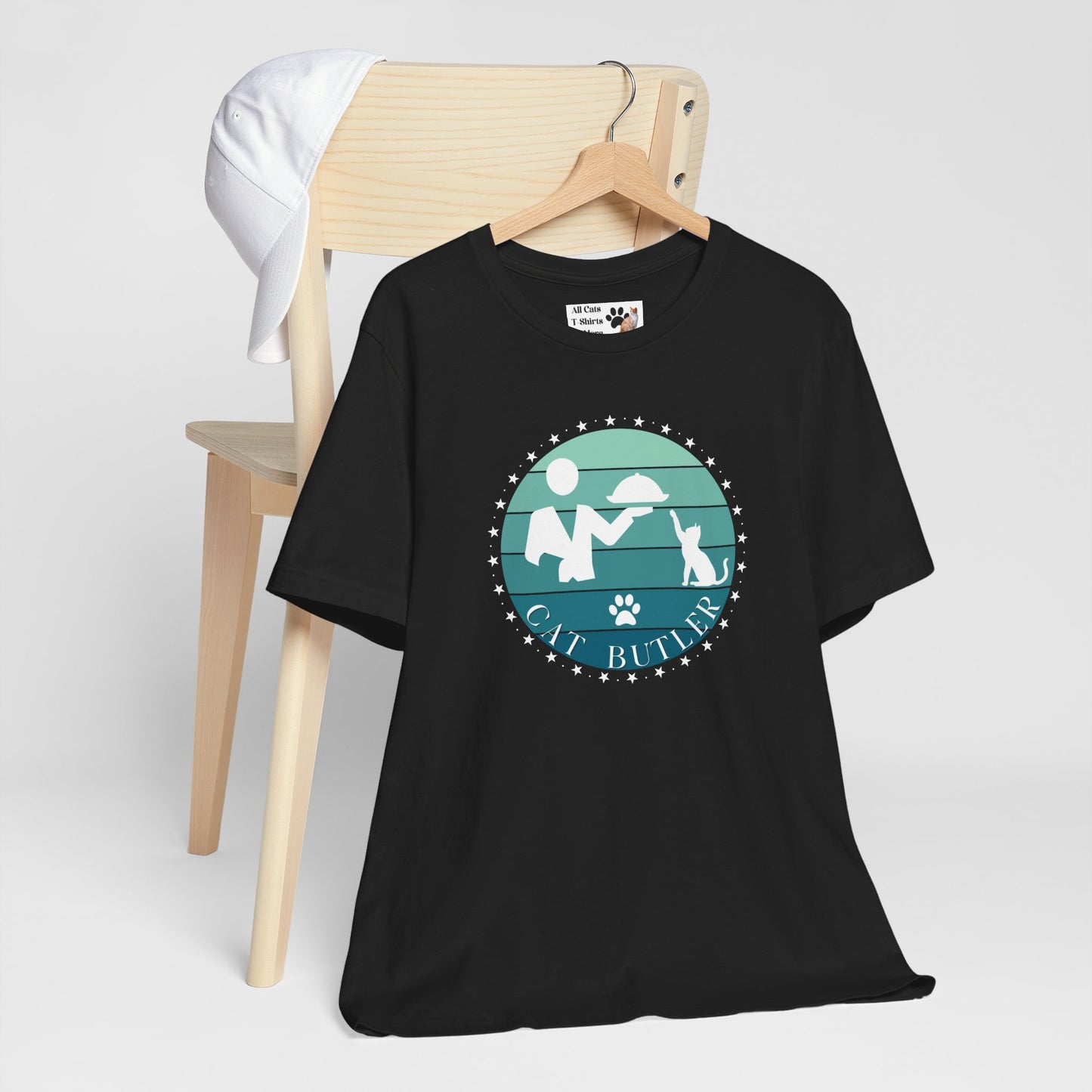 "Cat Butler" T-Shirt - Blue Vintage Sunset Style Graphic - (Unisex Jersey Short Sleeve Tee - Perfect Gift for Cat Lovers!)