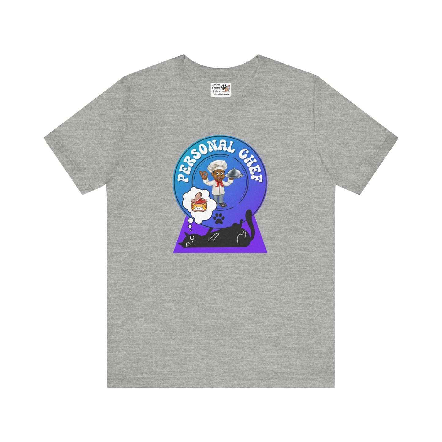 Personal Chef for Cats T-Shirt (#5 - Black Cat & Chef Blue Purple Design - Unisex Jersey Tee – Perfect Cat Care Givers!)