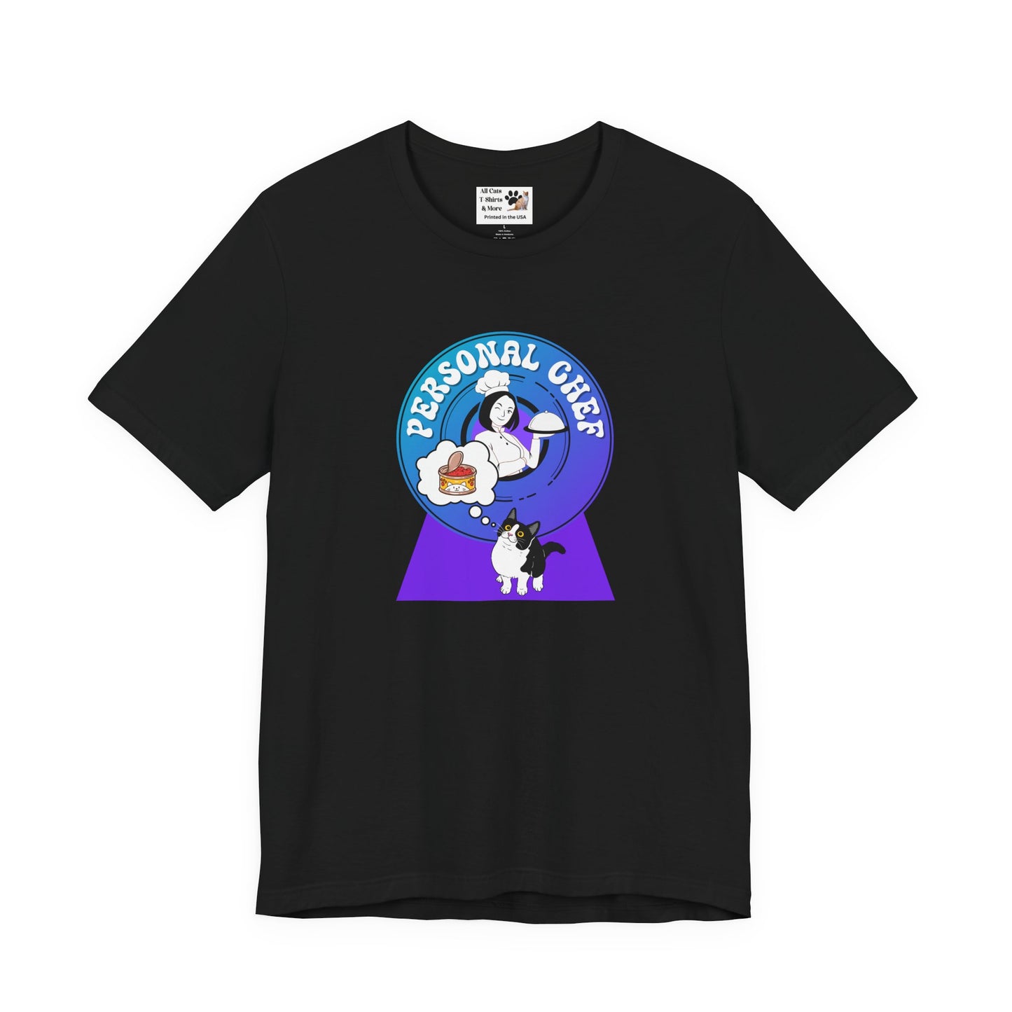 Personal Chef for Cats T-Shirt - (#8 - B/W Cat & Chef Blue Purple Design - Unisex Jersey Tee – Perfect for Cat Care Givers!)