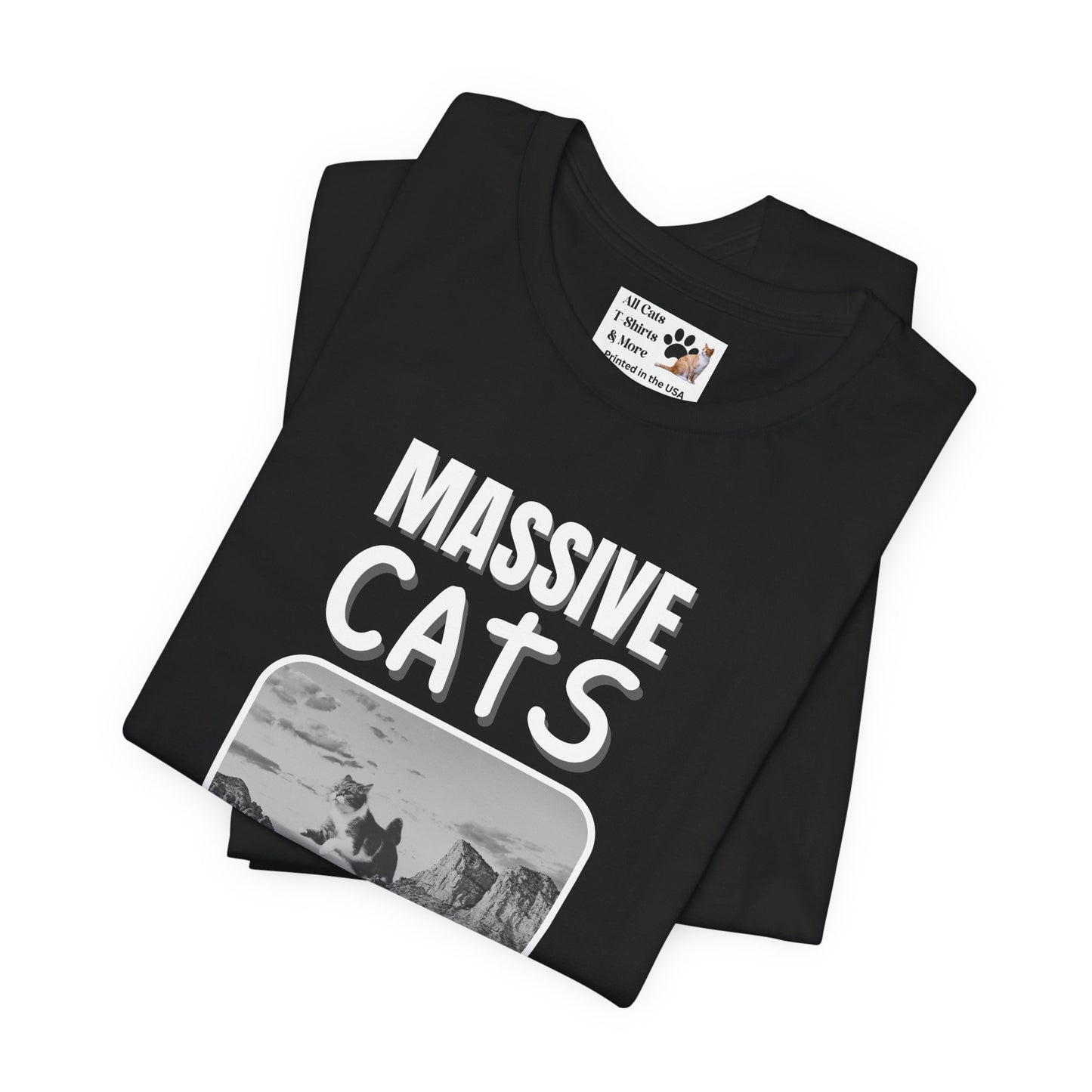 A Massive Cats T-Shirt - Huge Cat Jumping Over Hill - (Vintage Inspired, Funny Cat Unisex Jersey Tee - Perfect for Cat Fans!)