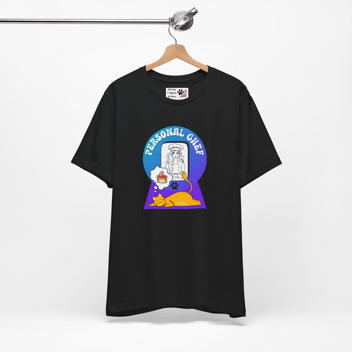 Personal Chef for Cats T-Shirt - (#12 - Orange Cat & Chef Blue Purple Design - Unisex Jersey Tee – Perfect for Cat Care Givers!)