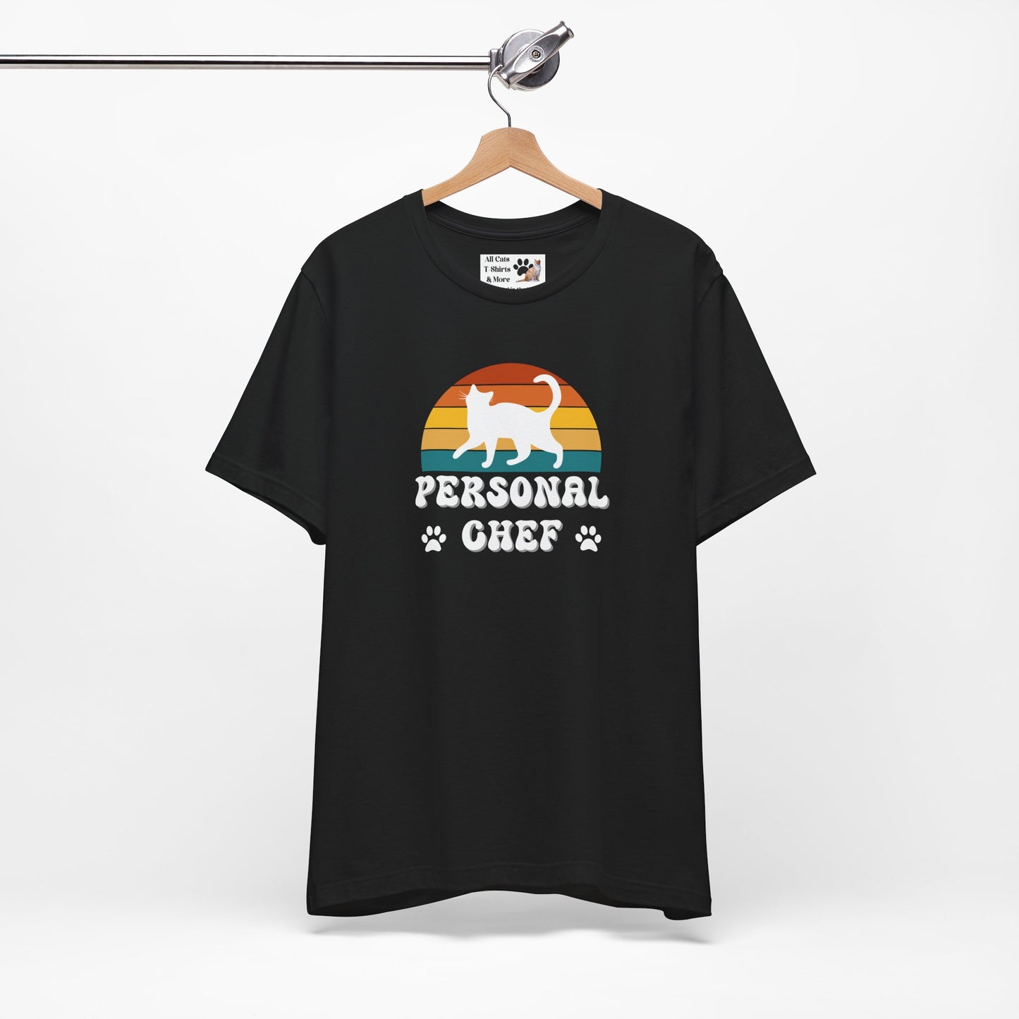 Vintage Sunset Personal Chef for Cats T-Shirt (#21 - White Cat Silhouette & Paw Prints - Unisex Jersey Tee)