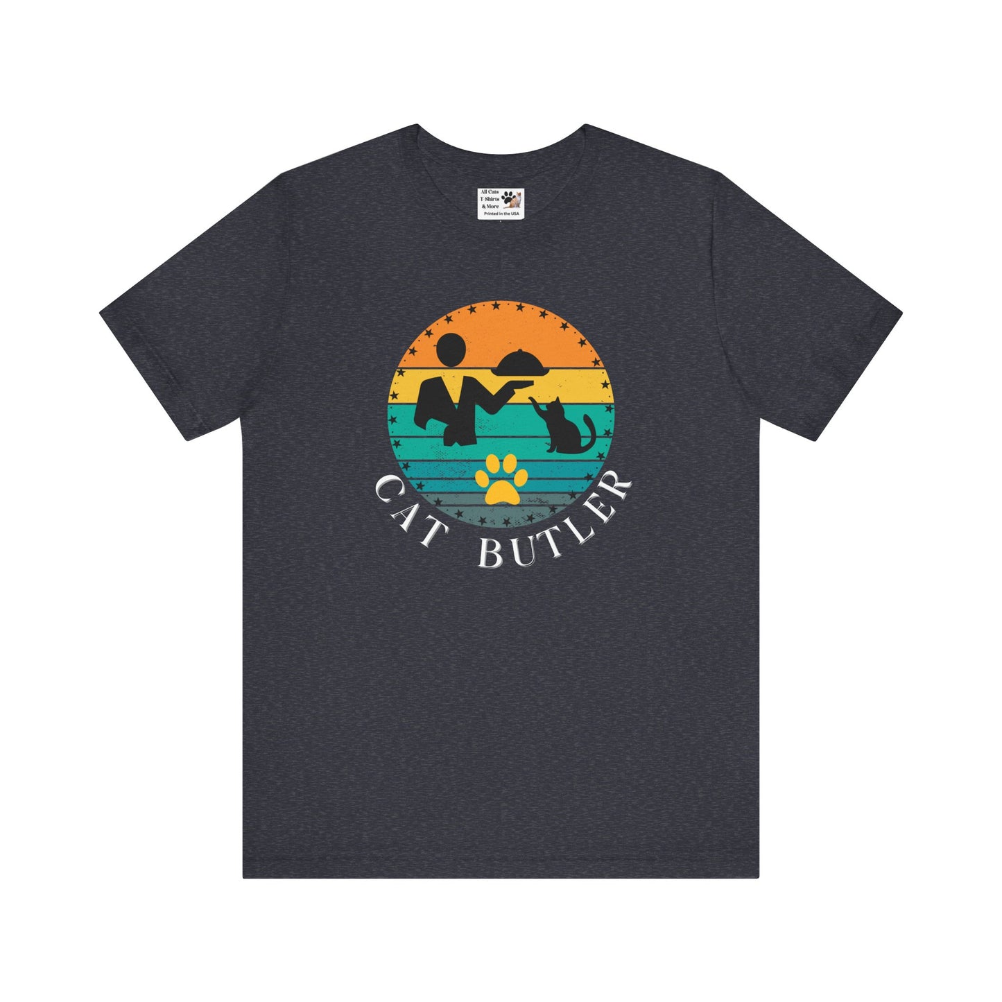 "Cat Butler" T-Shirt - With Vintage Sunset Style Graphic - (Unisex Jersey Short Sleeve Tee - Perfect Gift for Cat Lovers!)