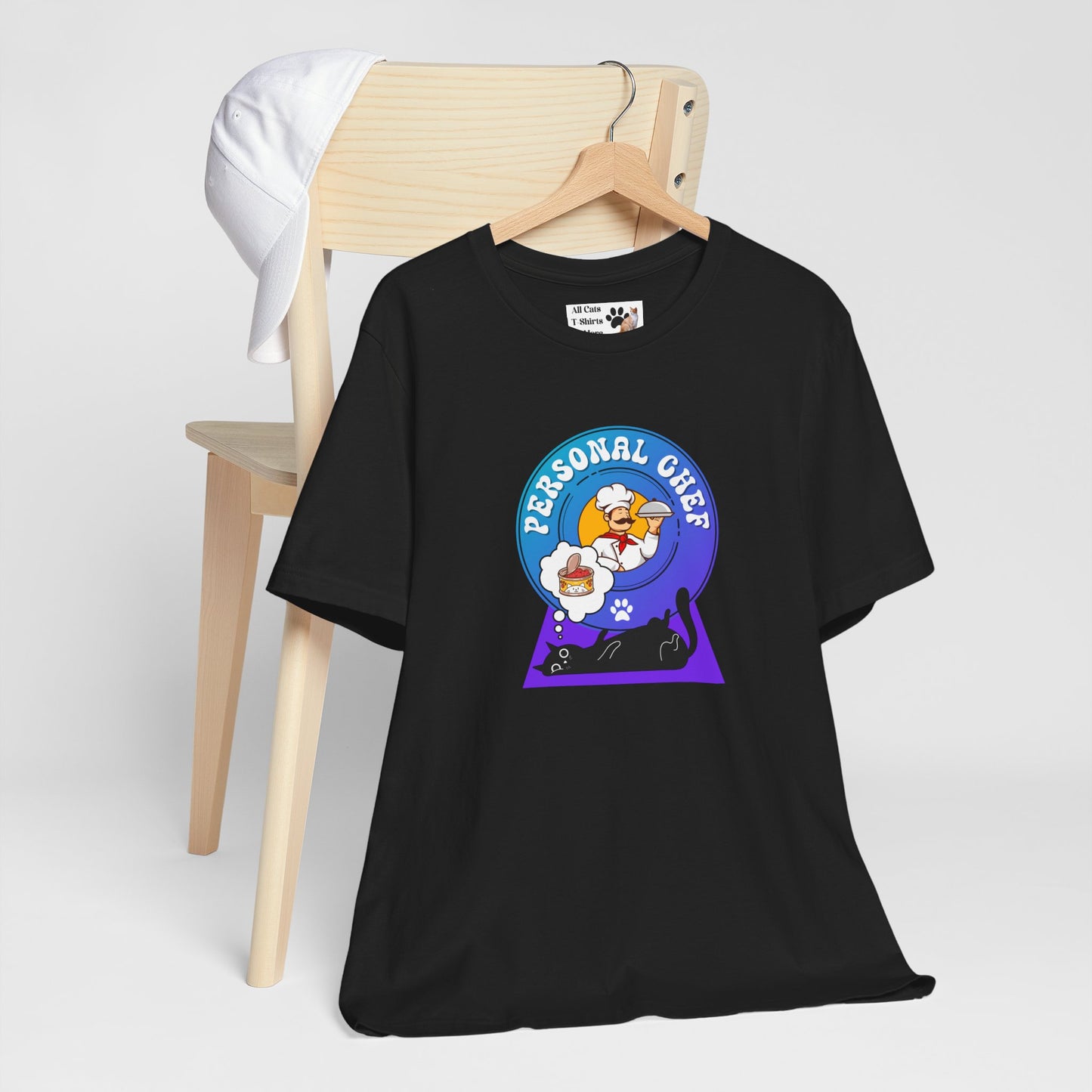Personal Chef for Cats T-Shirt (#2 - Black Cat & Italian Chef, Blue Purple Design - Unisex Jersey Tee ā Perfect Cat Care Givers!)