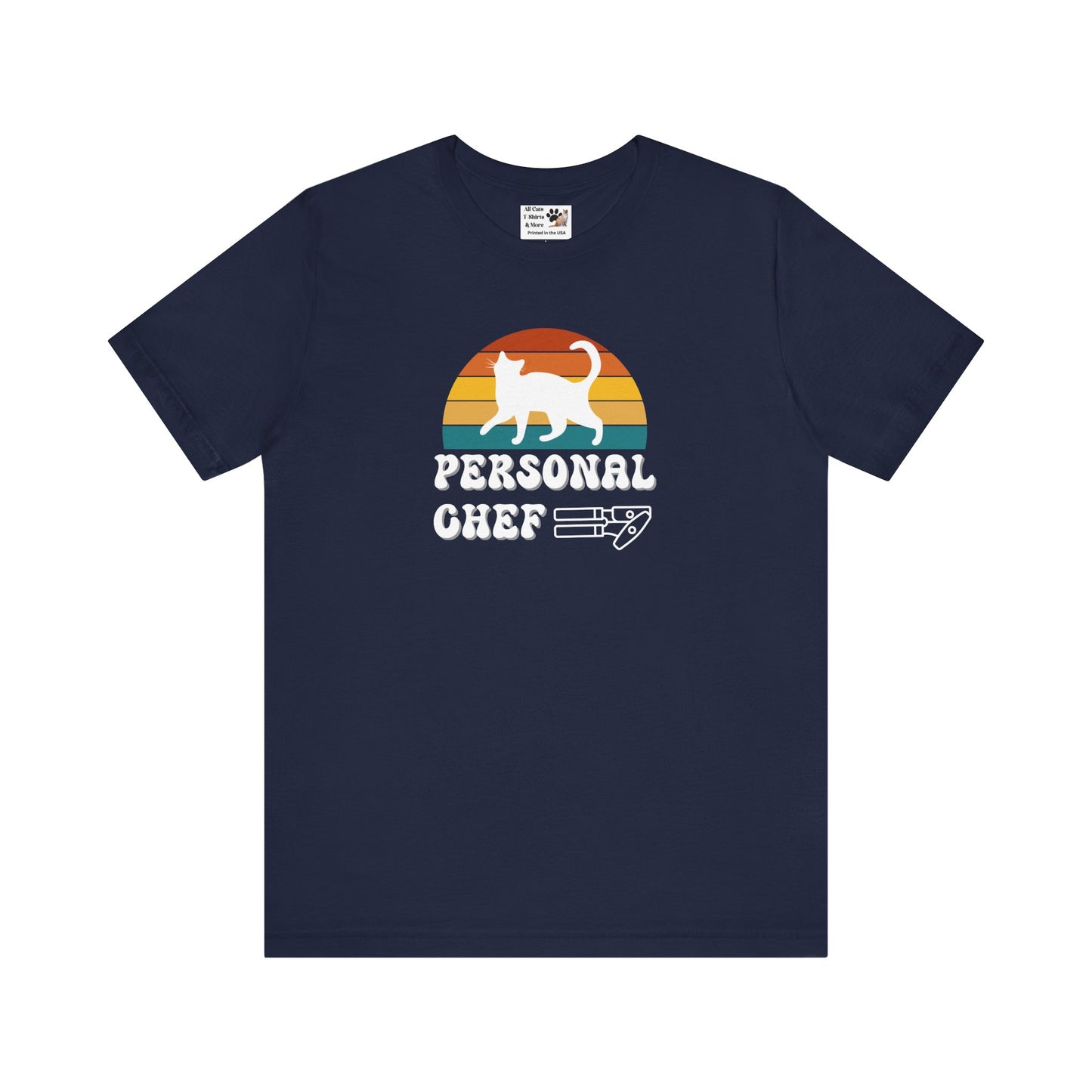 Vintage Sunset Personal Chef for Cats T-Shirt (#17 - White Cat Silhouette & Can Opener - Unisex Jersey Tee – Funny Cat Tee)