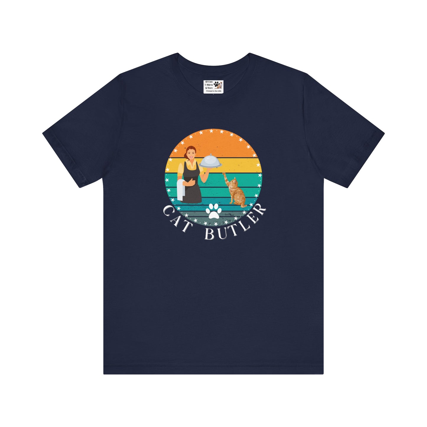 "Cat Butler" T-Shirt - With Vintage Sunset Graphic - (Unisex Jersey Short Sleeve Tee - Perfect Gift for Cat Lovers!)