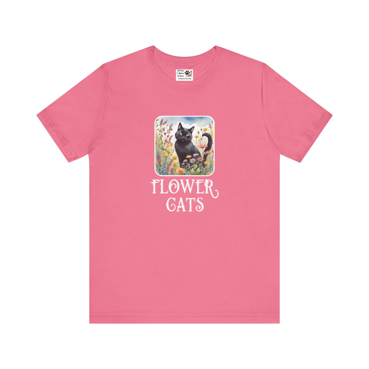Flower Cats T-Shirt - (Flower Cat Tee #2, Black Cat Garden T-Shirt - Whimsical Floral Cat Tee for Cat Lovers)