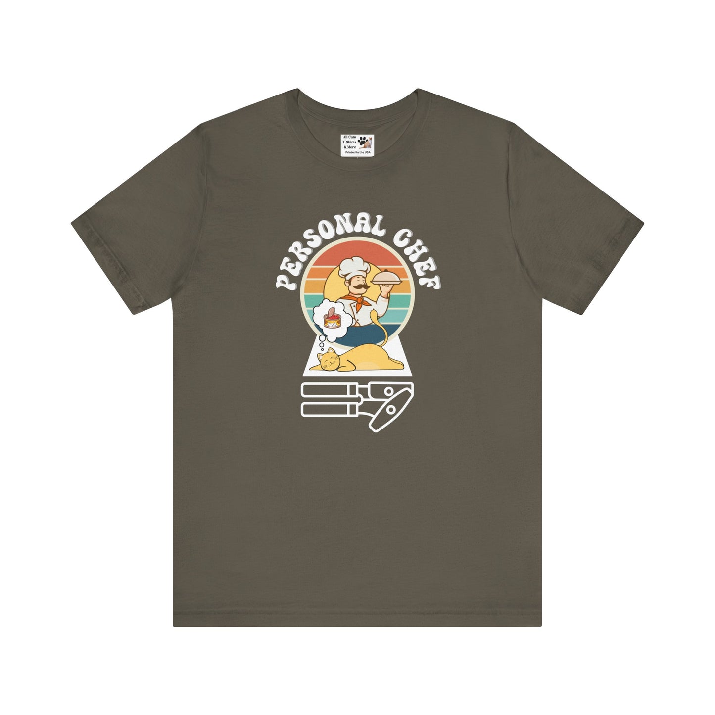 Vintage Style Personal Chef for Cats T-Shirt (#14 - Cat, Chef & Can Opener - Unisex Jersey Tee – Funny Cat Tee)