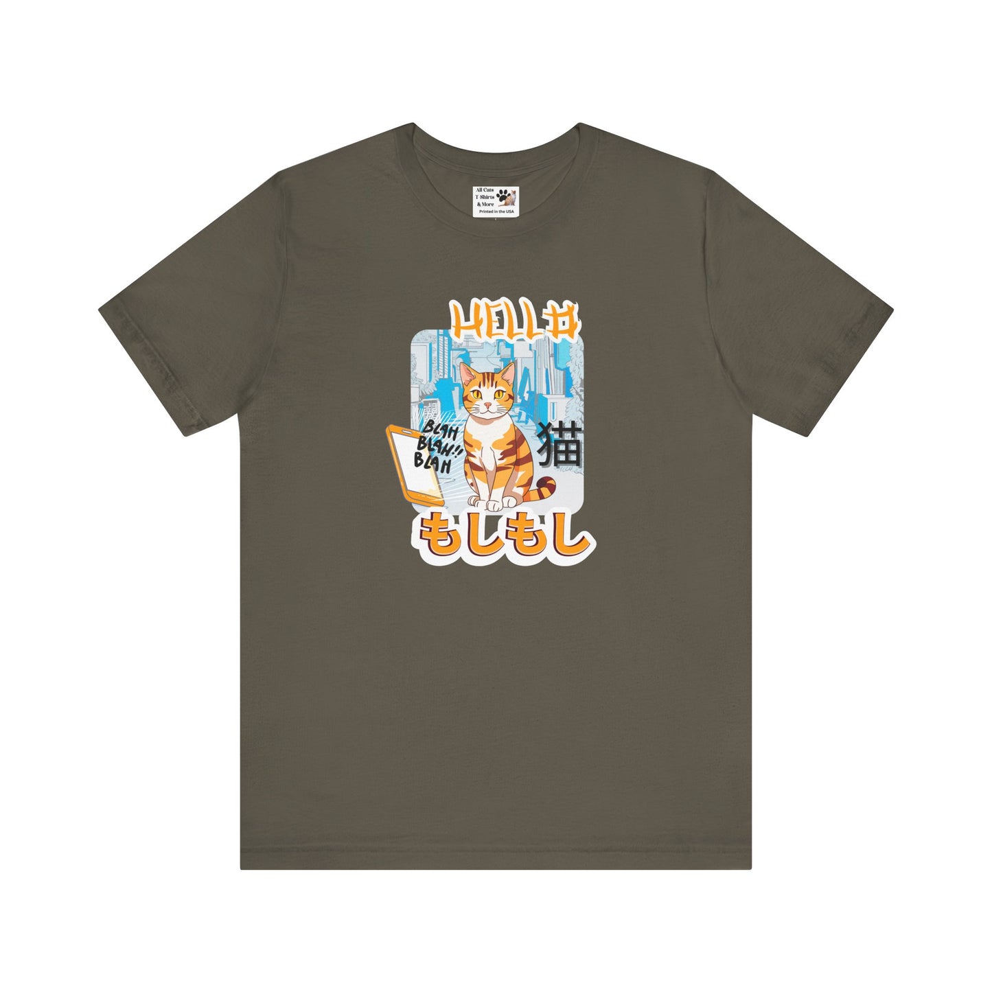 "Hello Mobile Phone Cat" - An Anime Style Graphic Tee - (Unisex Jersey Short Sleeve Tee for Cat Lovers)