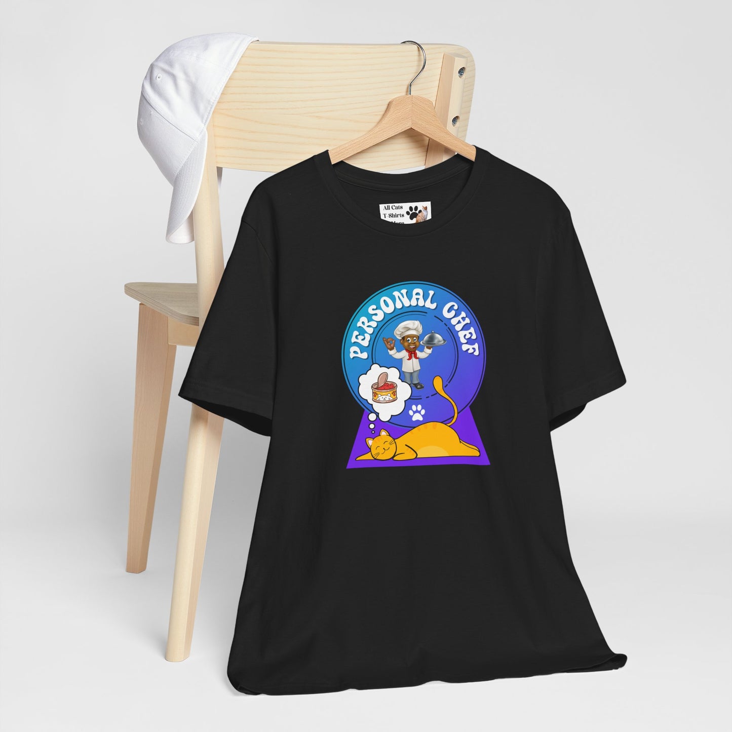 Personal Chef for Cats T-Shirt (#3 - Orange Cat & Chef Blue Purple Design - Unisex Jersey Tee – Perfect Cat Care Givers!)