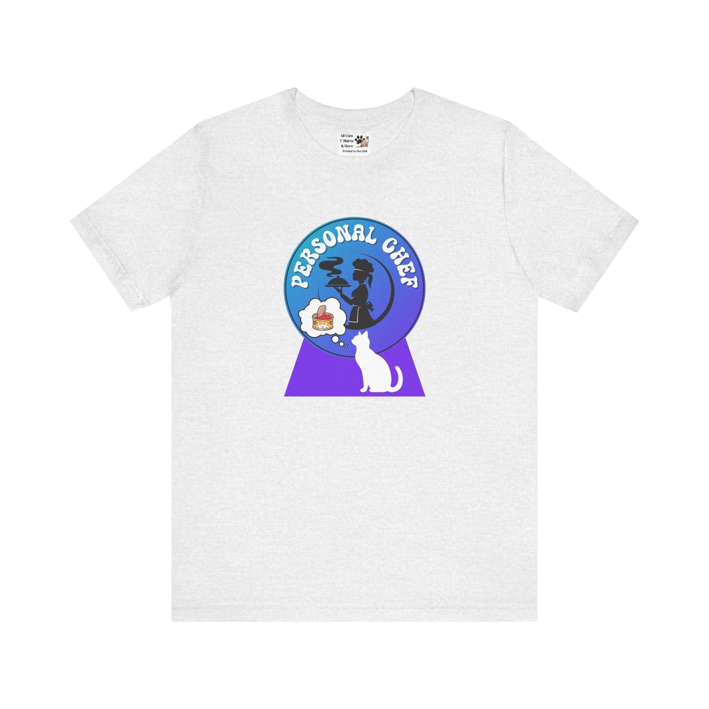Personal Chef for Cats T-Shirt - (#10 - White Cat & Chef Silhouettes Blue Purple Design - Unisex Jersey Tee – Perfect for Cat Care Givers!)