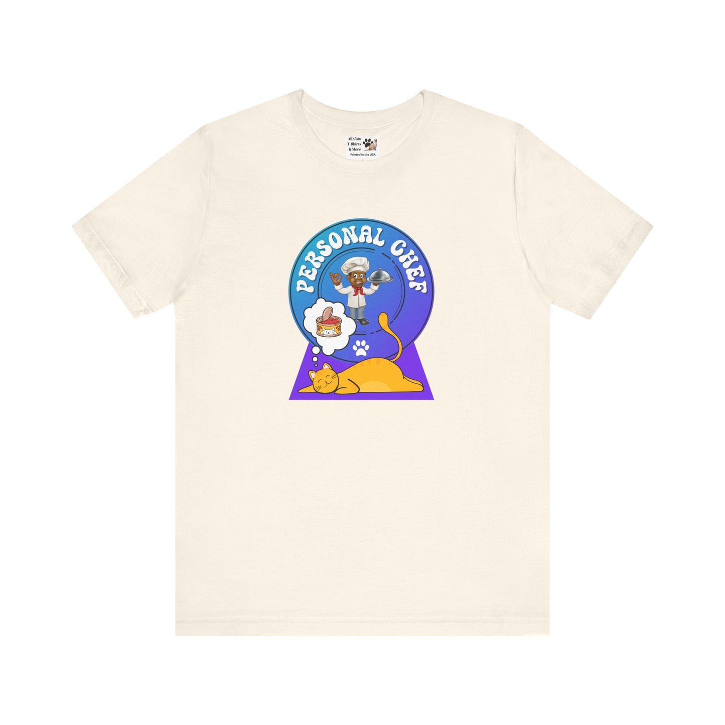 Personal Chef for Cats T-Shirt (#3 - Orange Cat & Chef Blue Purple Design - Unisex Jersey Tee – Perfect Cat Care Givers!)