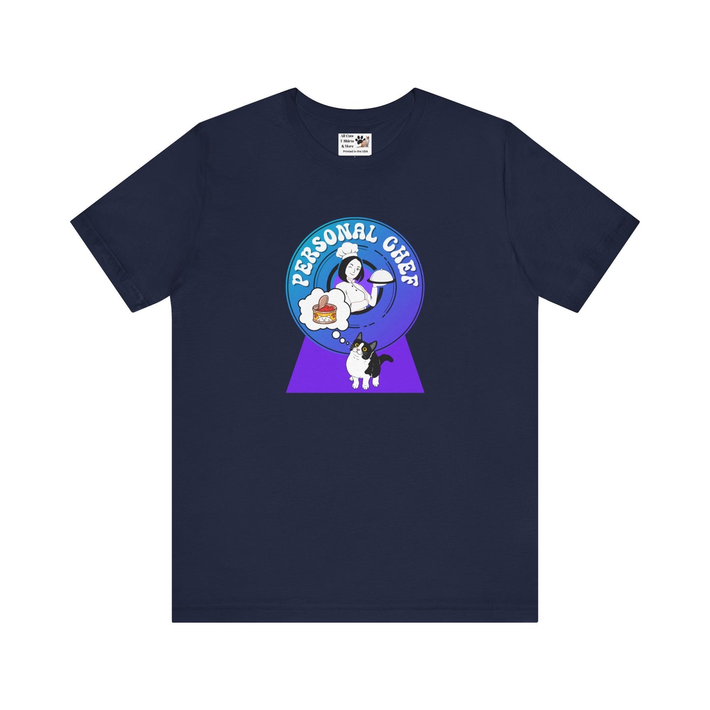 Personal Chef for Cats T-Shirt - (#8 - B/W Cat & Chef Blue Purple Design - Unisex Jersey Tee – Perfect for Cat Care Givers!)
