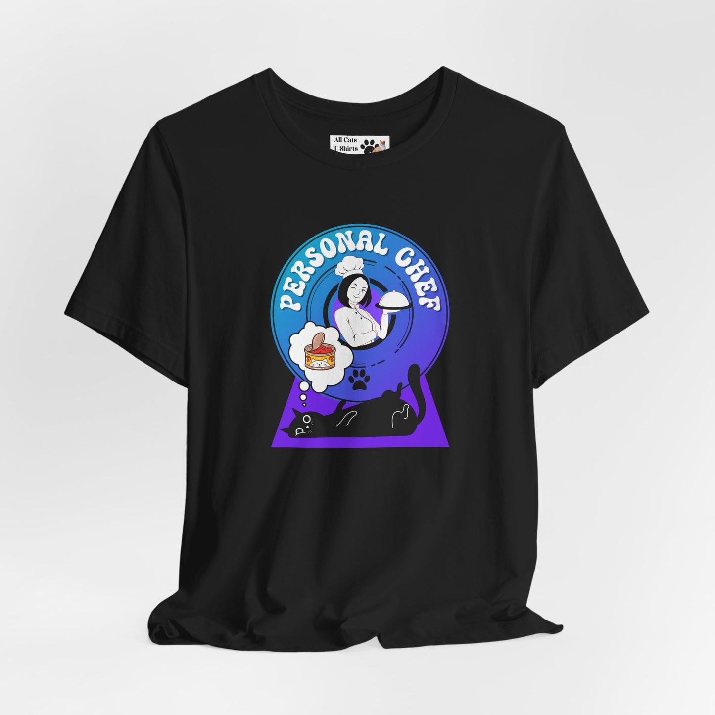 Personal Chef for Cats T-Shirt - (#7 - Black Cat & Chef Blue Purple Design - Unisex Jersey Tee – Perfect for Cat Care Givers!)
