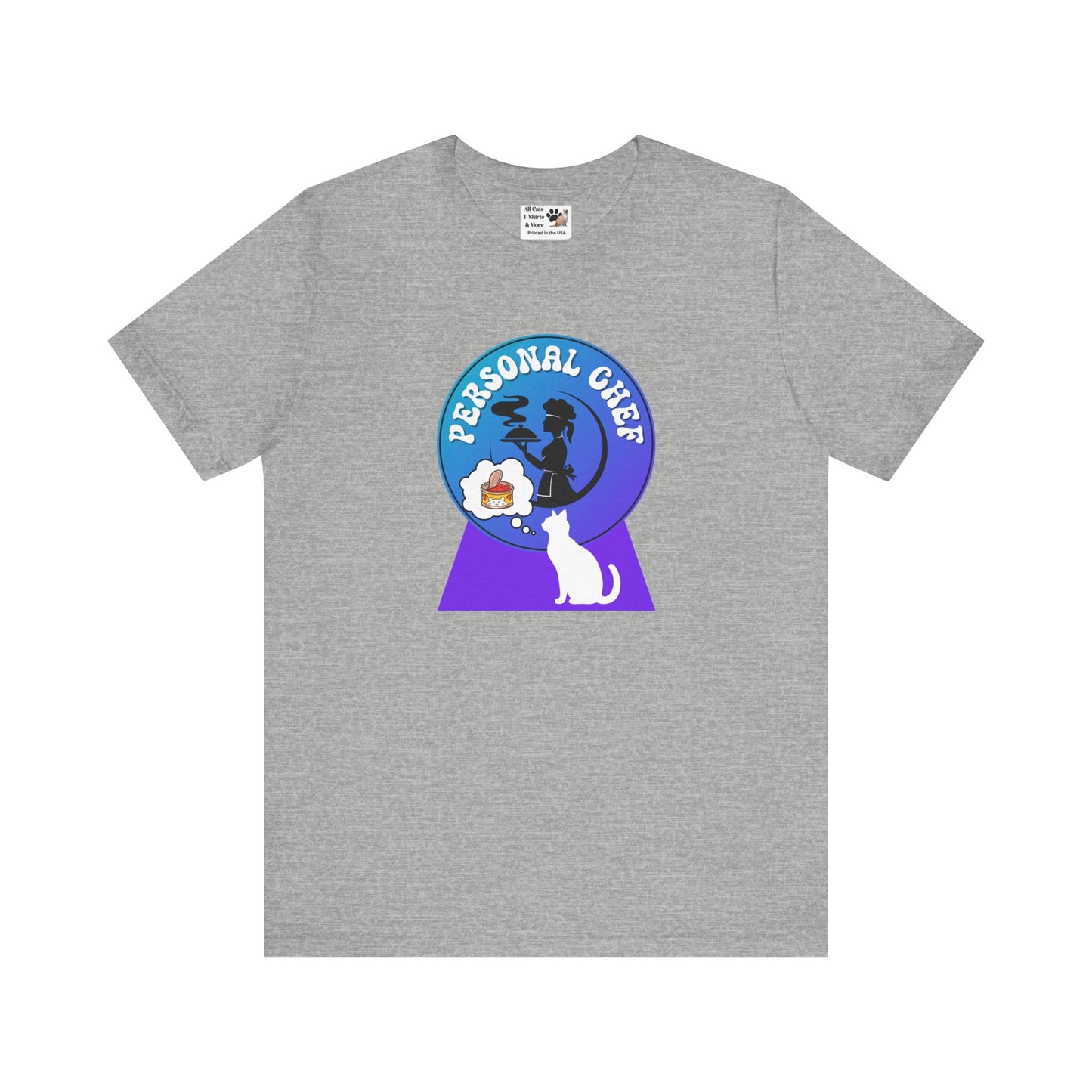 Personal Chef for Cats T-Shirt - (#10 - White Cat & Chef Silhouettes Blue Purple Design - Unisex Jersey Tee – Perfect for Cat Care Givers!)