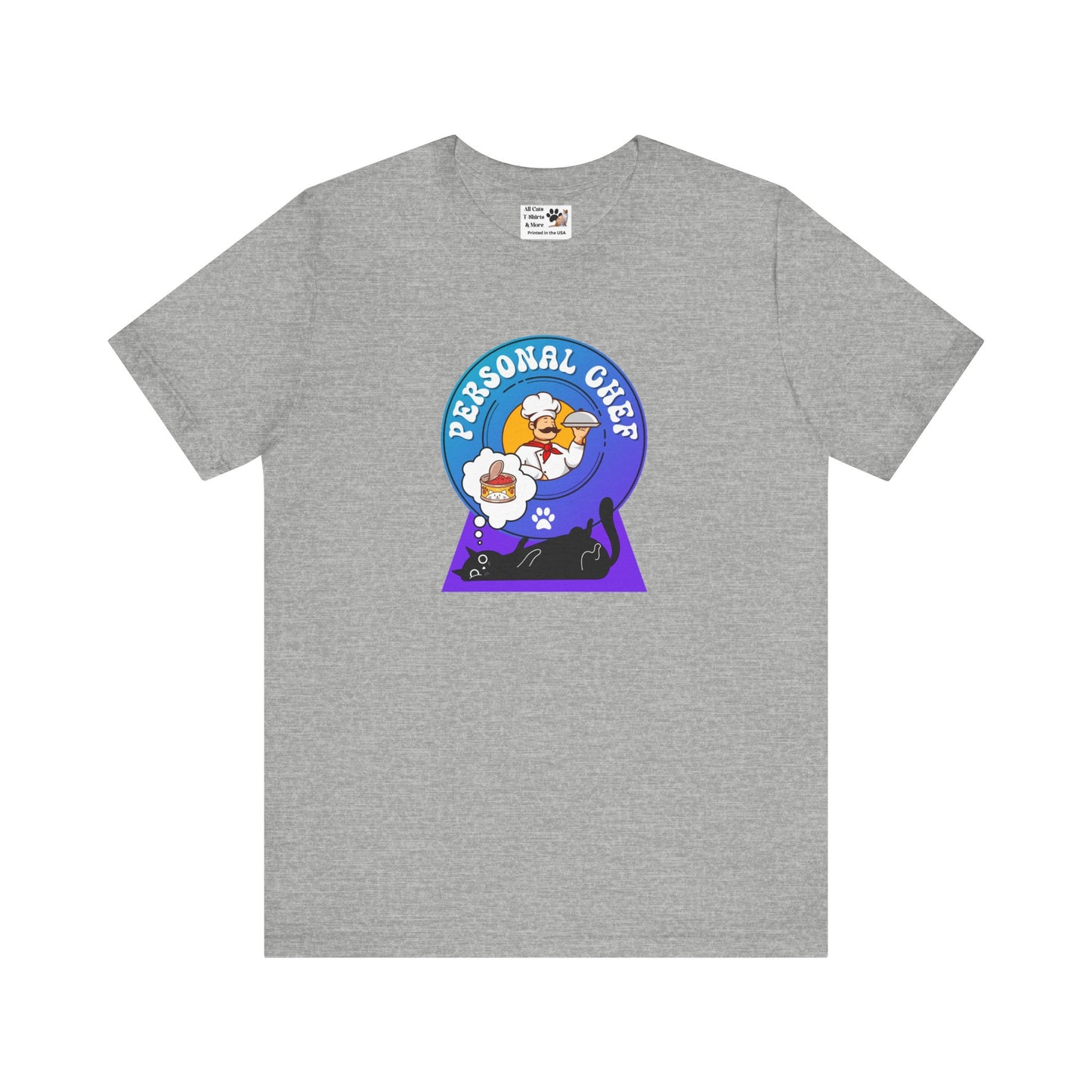 Personal Chef for Cats T-Shirt (#2 - Black Cat & Italian Chef, Blue Purple Design - Unisex Jersey Tee ā Perfect Cat Care Givers!)