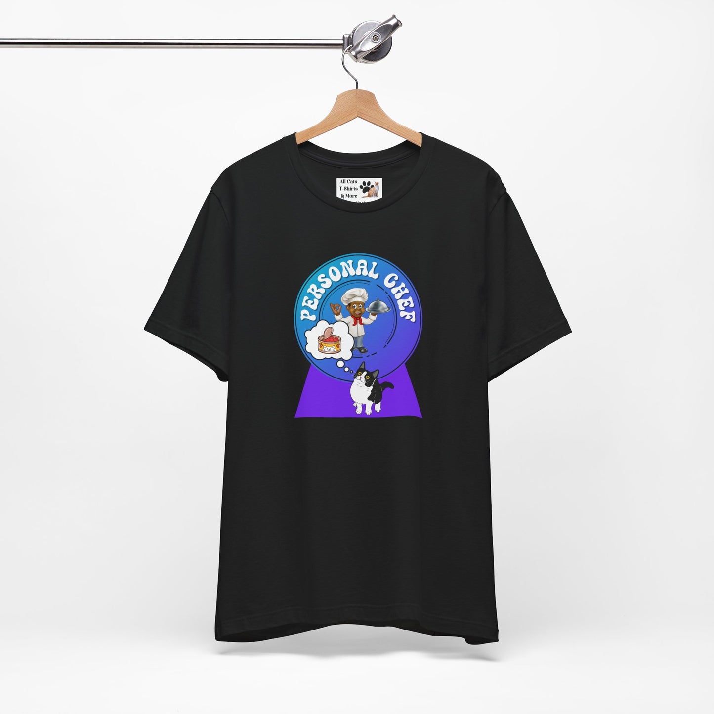 Personal Chef for Cats T-Shirt (#4 - Cat & Chef Blue Purple Design - Unisex Jersey Tee ā Perfect Cat Care Givers!)