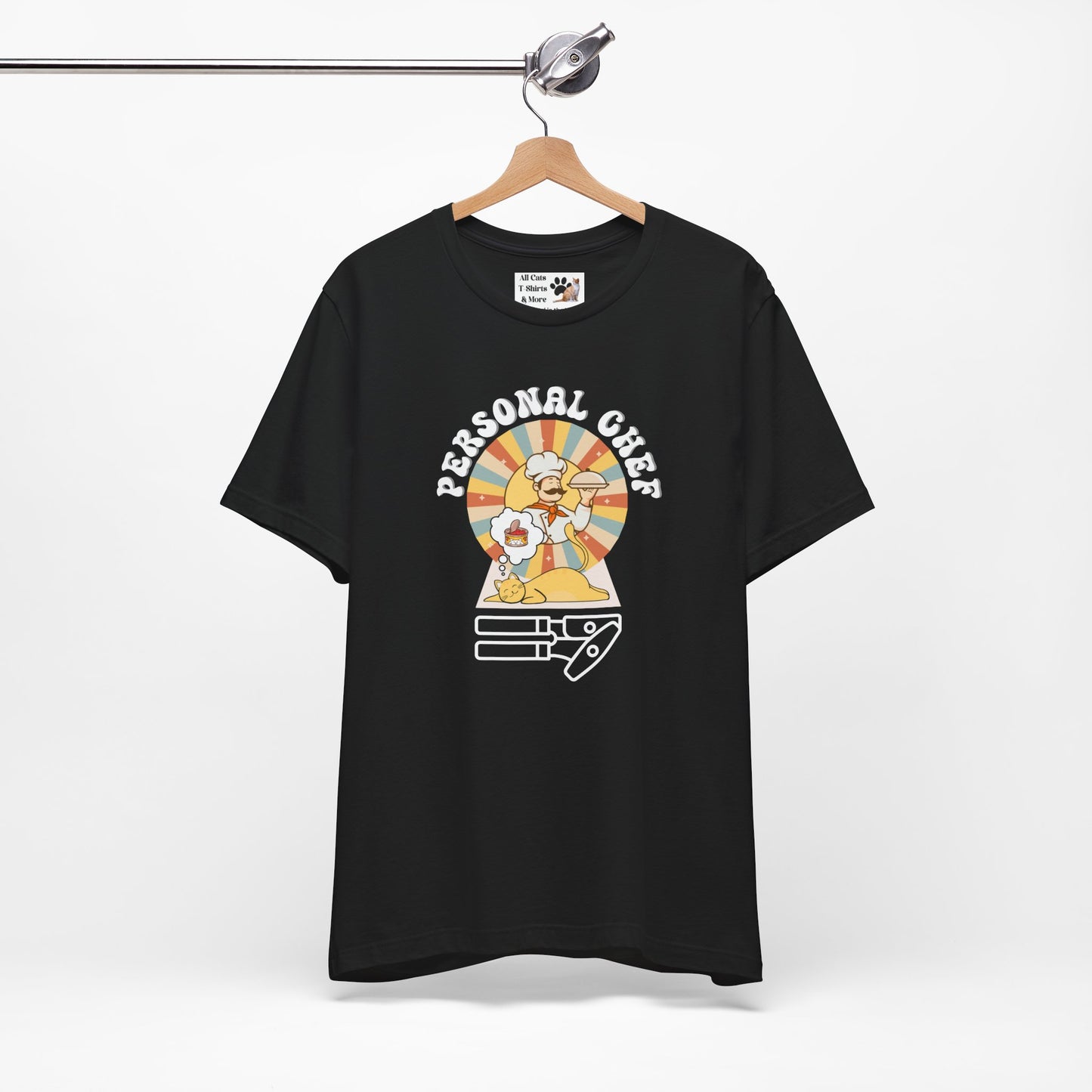 Vintage Style Personal Chef for Cats T-Shirt (#13 - Cat, Chef & Can Opener - Unisex Jersey Tee – Funny Cat Tee)