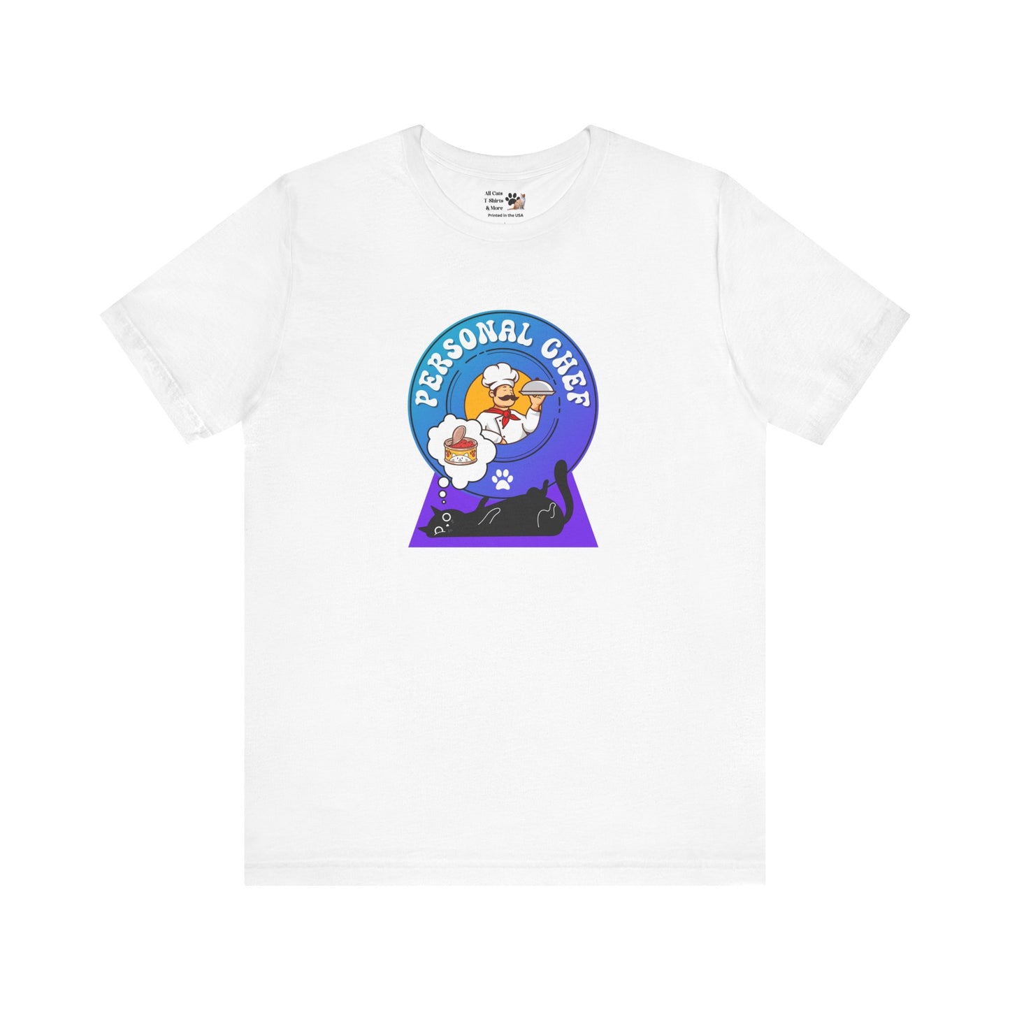 Personal Chef for Cats T-Shirt (#2 - Black Cat & Italian Chef, Blue Purple Design - Unisex Jersey Tee ā Perfect Cat Care Givers!)