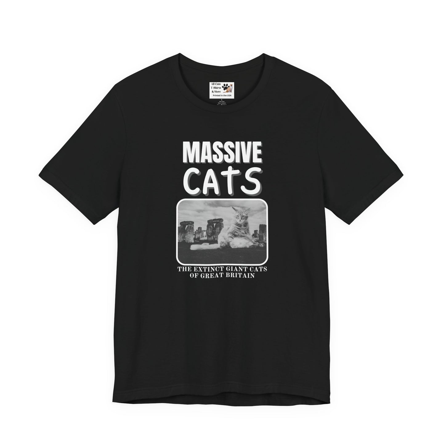 A Massive Cats T-Shirt - Huge Cat Sitting In Front of Stone Henge - (Vintage Inspired, Funny Cat Unisex Jersey Tee - Perfect for Cat Fans!)