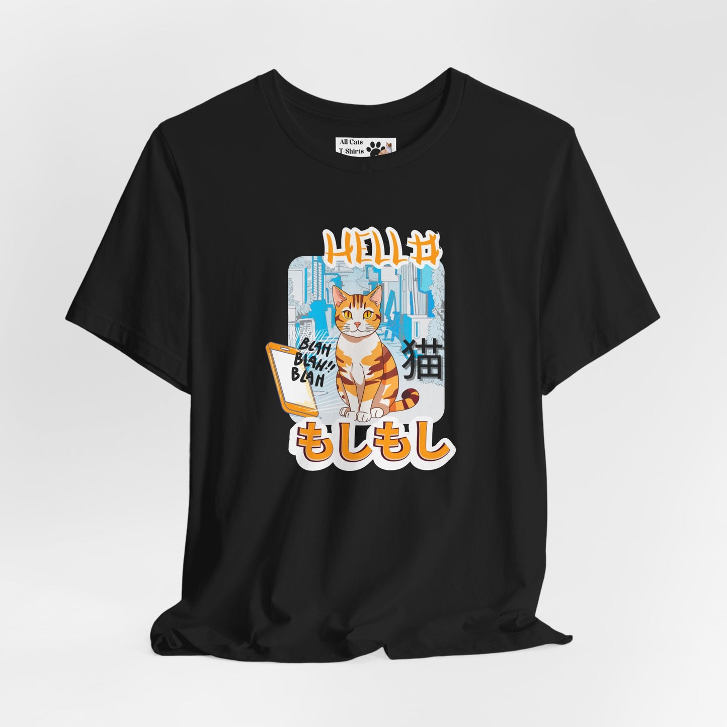 "Hello Mobile Phone Cat" - An Anime Style Graphic Tee - (Unisex Jersey Short Sleeve Tee for Cat Lovers)