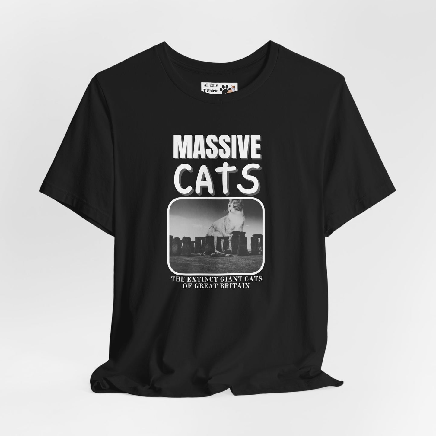 A Massive Cats T-Shirt - Huge Cat Sitting Behind Stone Henge - (Vintage Inspired, Funny Cat Unisex Jersey Tee - Perfect for Cat Fans!)