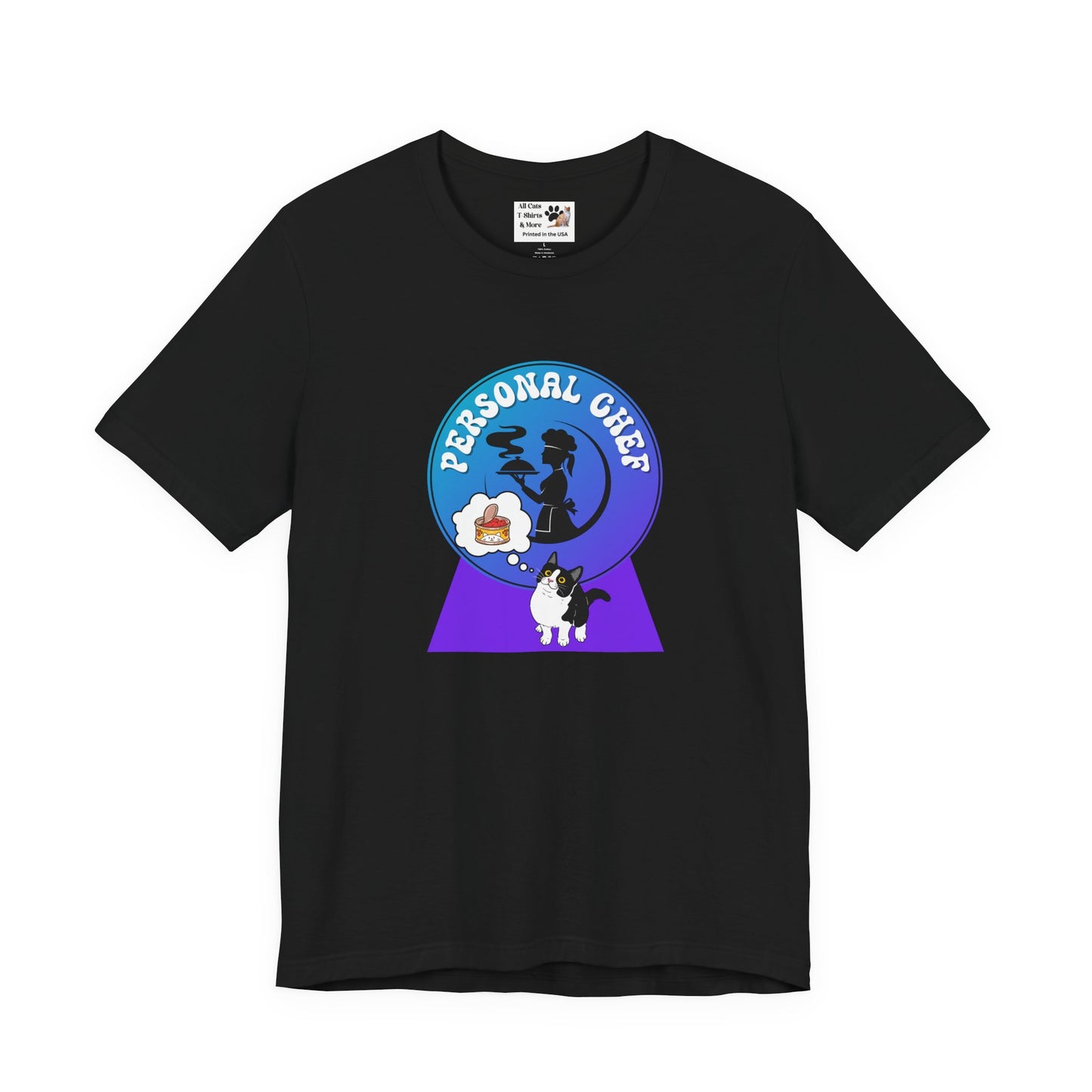 Personal Chef for Cats T-Shirt - (#9 - B/W Cat & Chef Silhouette Blue Purple Design - Unisex Jersey Tee ā Perfect for Cat Care Givers!)