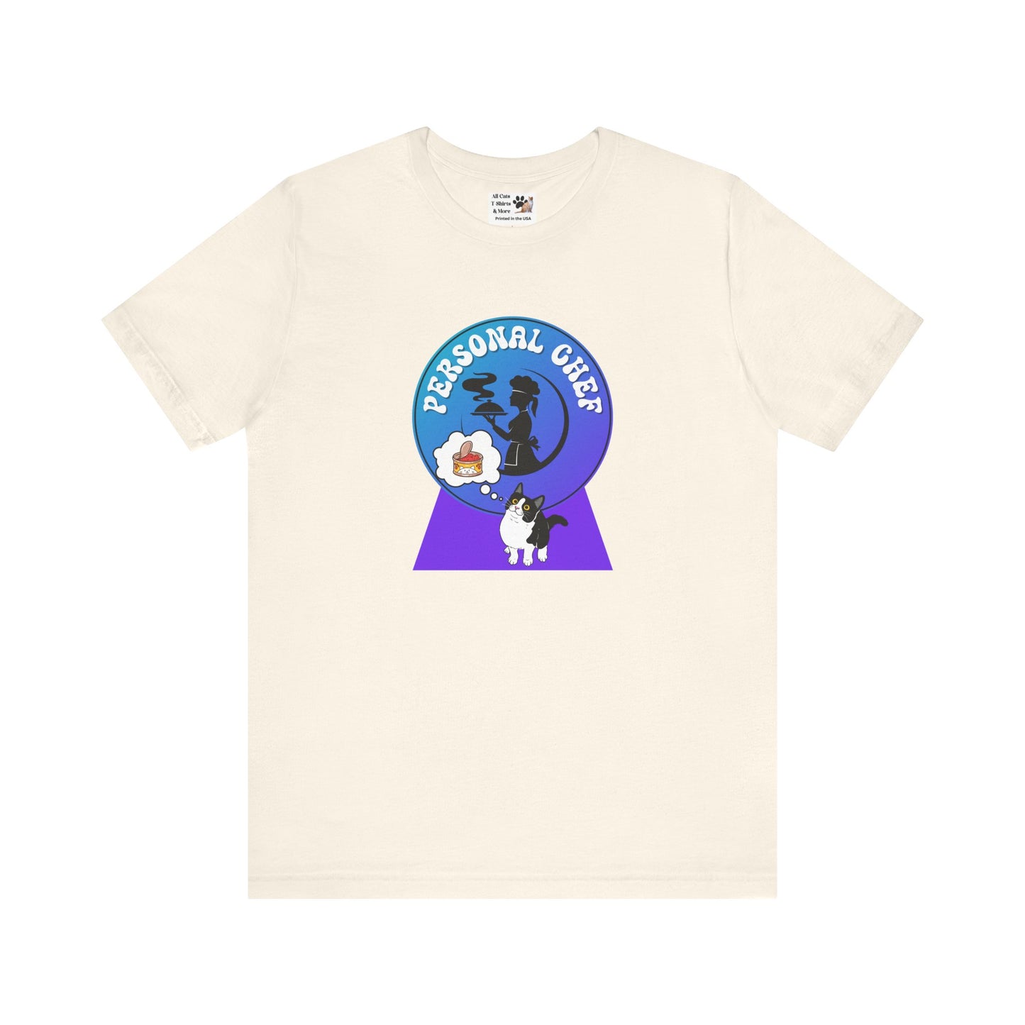Personal Chef for Cats T-Shirt - (#9 - B/W Cat & Chef Silhouette Blue Purple Design - Unisex Jersey Tee ā Perfect for Cat Care Givers!)