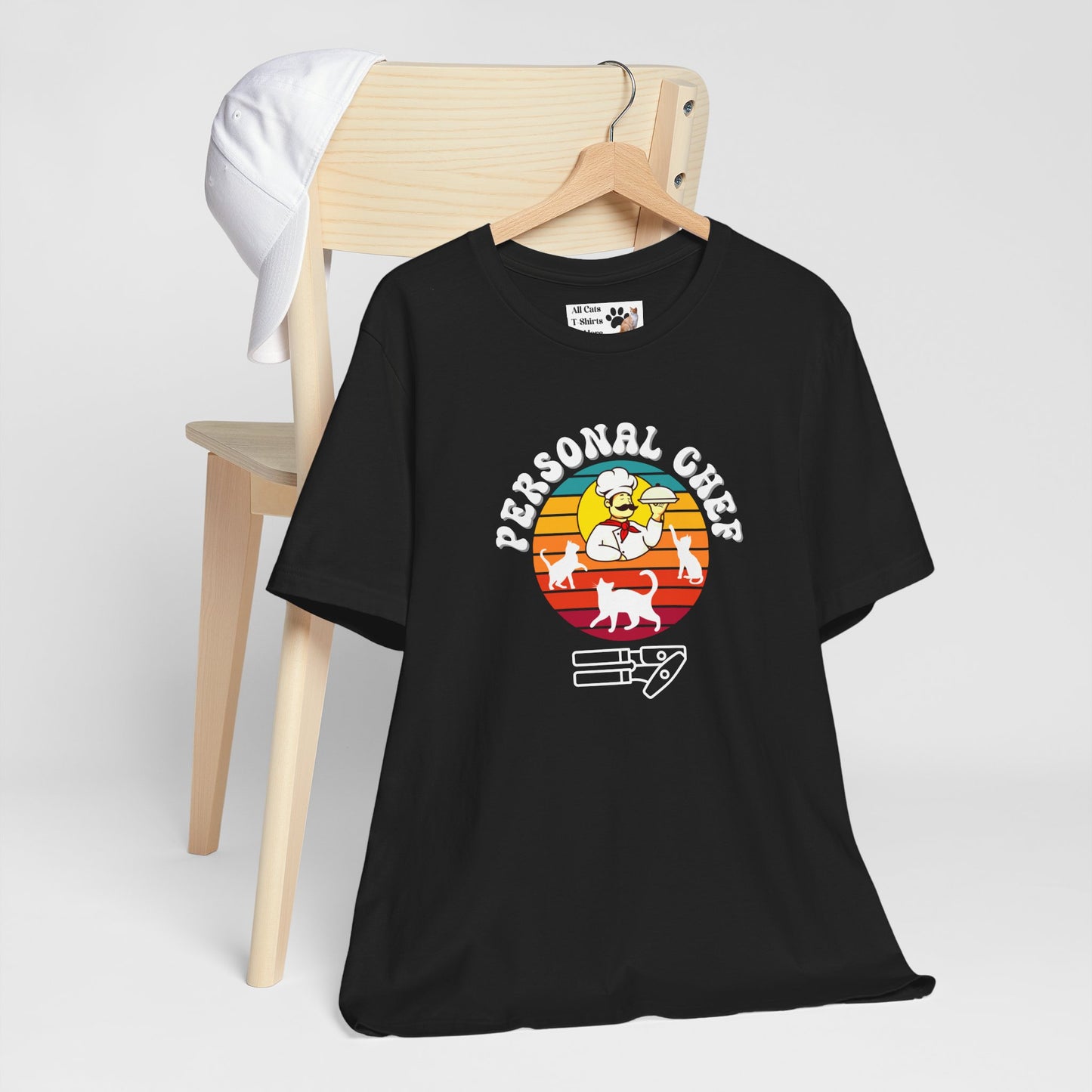 Vintage Sunset Personal Chef for Cats T-Shirt (#16 - Three Cats, Italian Chef & Can Opener - Unisex Jersey Tee – Funny Cat Tee)