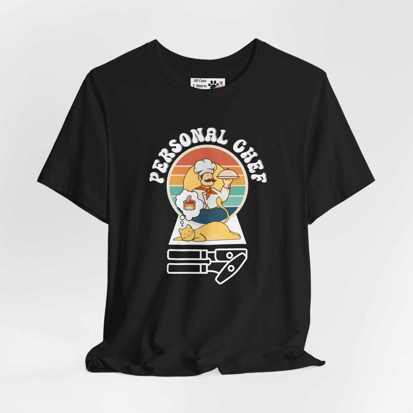 Vintage Style Personal Chef for Cats T-Shirt (#14 - Cat, Chef & Can Opener - Unisex Jersey Tee – Funny Cat Tee)