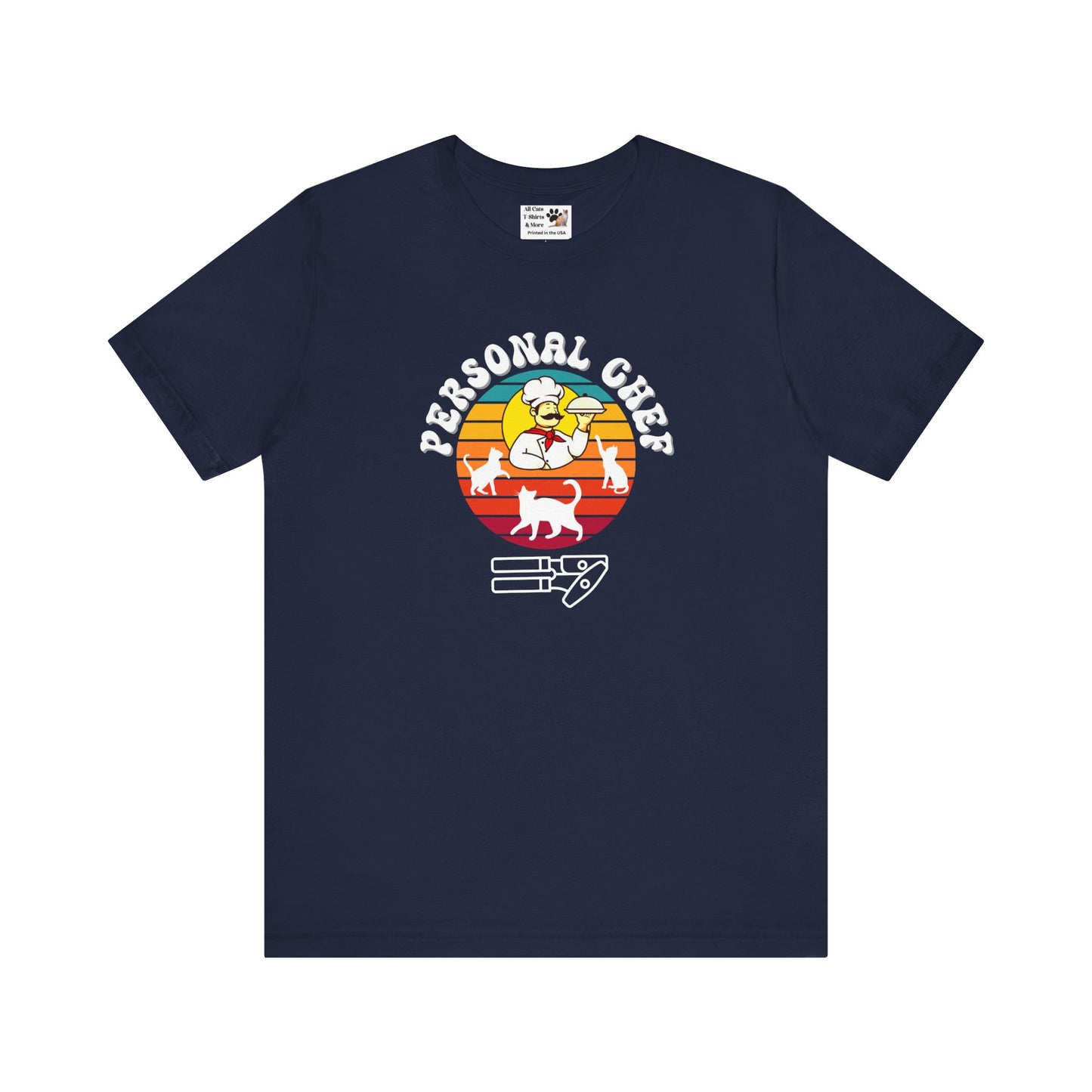 Vintage Sunset Personal Chef for Cats T-Shirt (#16 - Three Cats, Italian Chef & Can Opener - Unisex Jersey Tee – Funny Cat Tee)