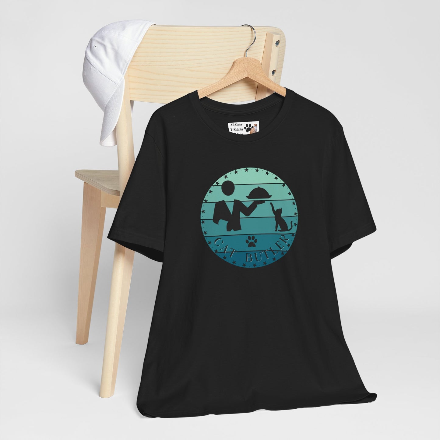 "Cat Butler" T-Shirt - Blue Vintage Sunset Style Graphic - (Unisex Jersey Short Sleeve Tee - Perfect Gift for Cat Lovers!)