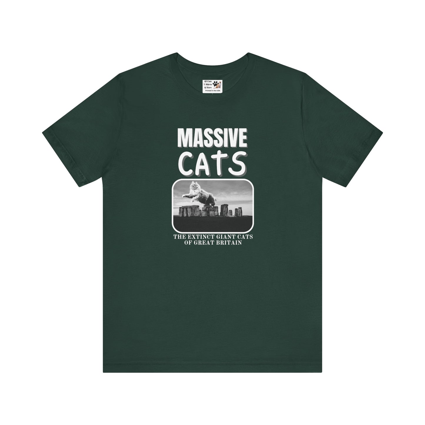 A Massive Cats T-Shirt - Huge Cat Jumping Over Stone Henge - (Funny Cat Unisex Jersey Tee - Perfect for Cat Fans!)
