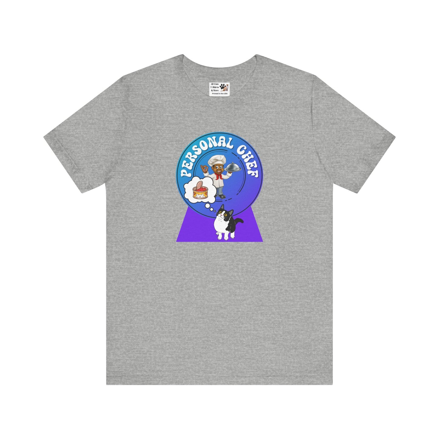 Personal Chef for Cats T-Shirt (#4 - Cat & Chef Blue Purple Design - Unisex Jersey Tee ā Perfect Cat Care Givers!)