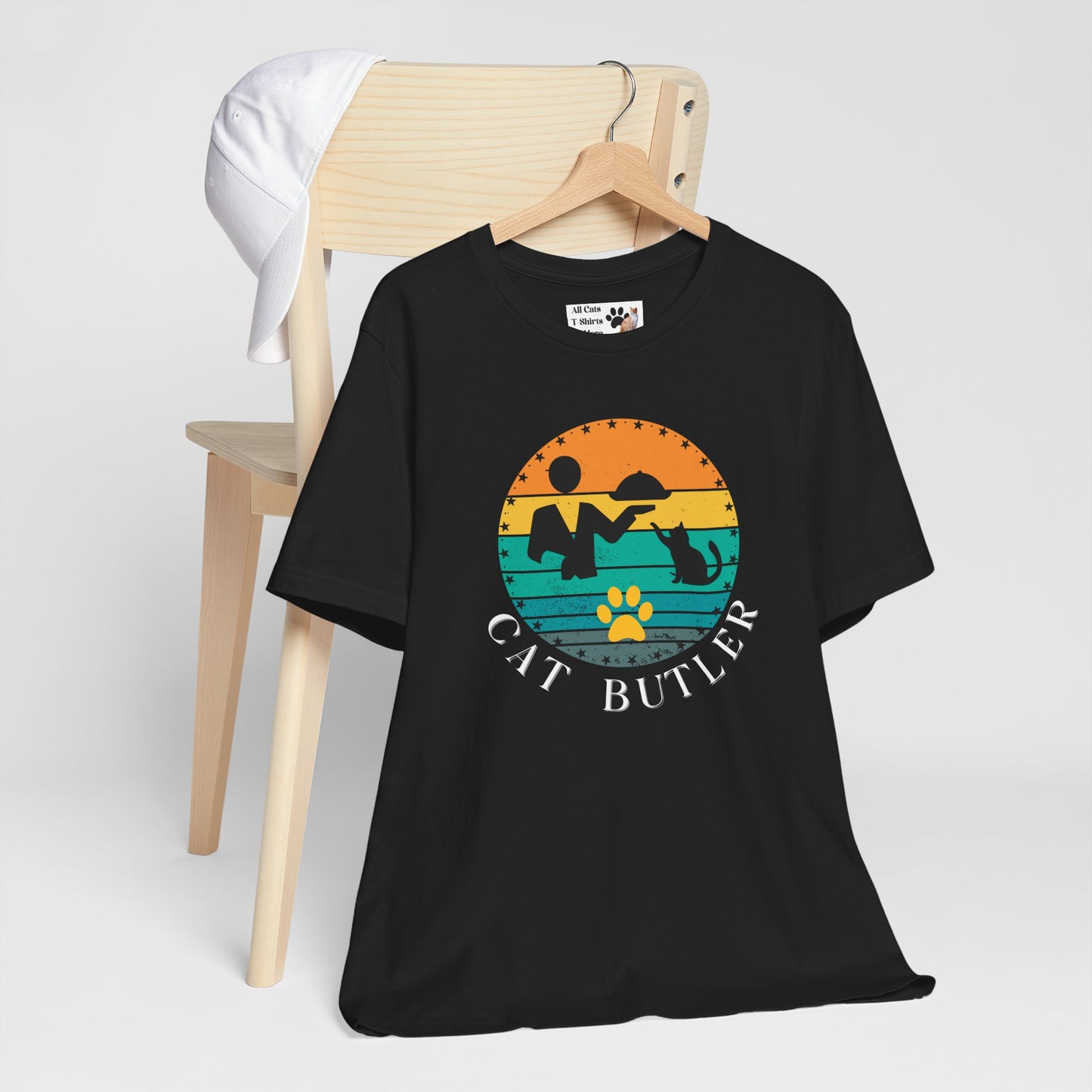 "Cat Butler" T-Shirt - With Vintage Sunset Style Graphic - (Unisex Jersey Short Sleeve Tee - Perfect Gift for Cat Lovers!)