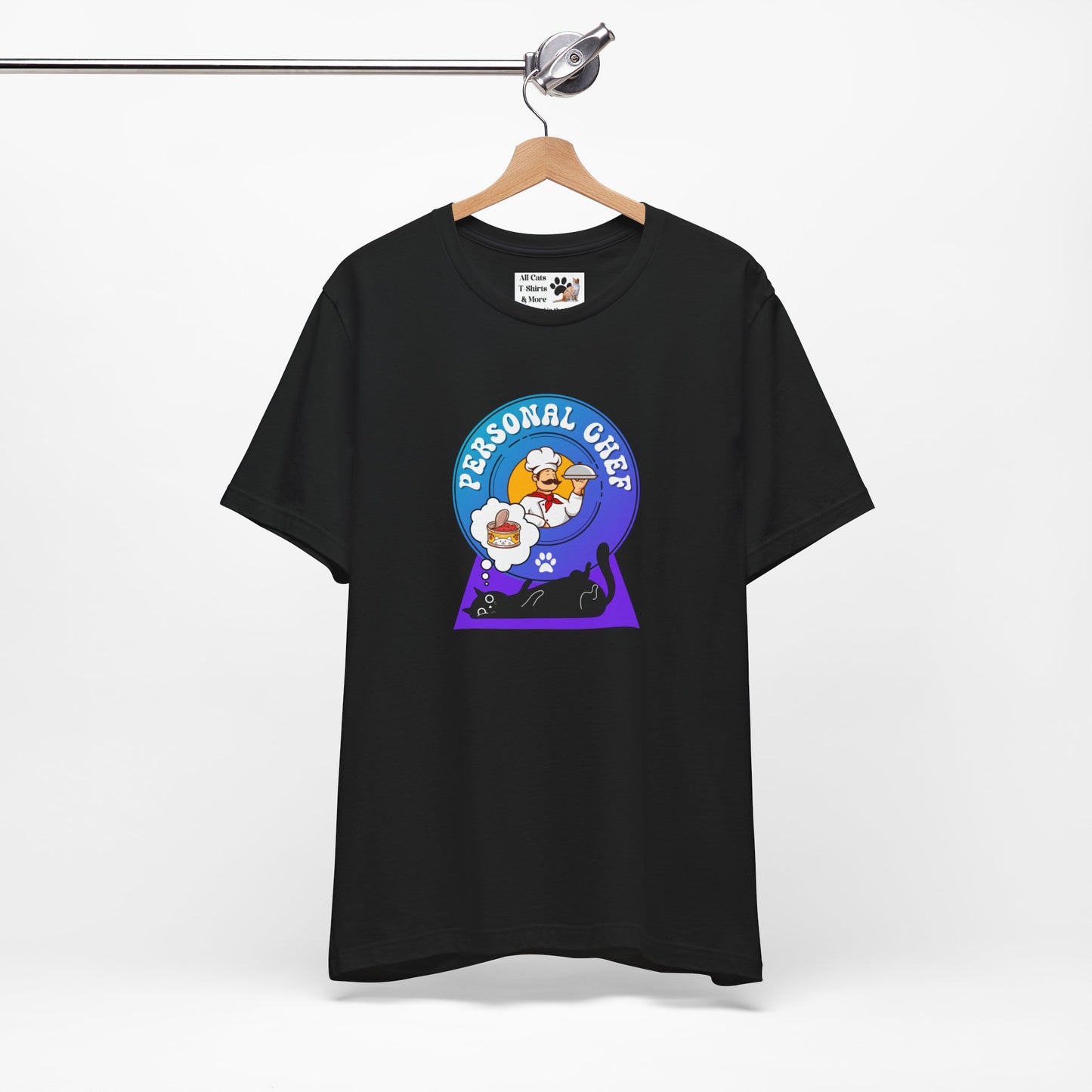 Personal Chef for Cats T-Shirt (#2 - Black Cat & Italian Chef, Blue Purple Design - Unisex Jersey Tee ā Perfect Cat Care Givers!)