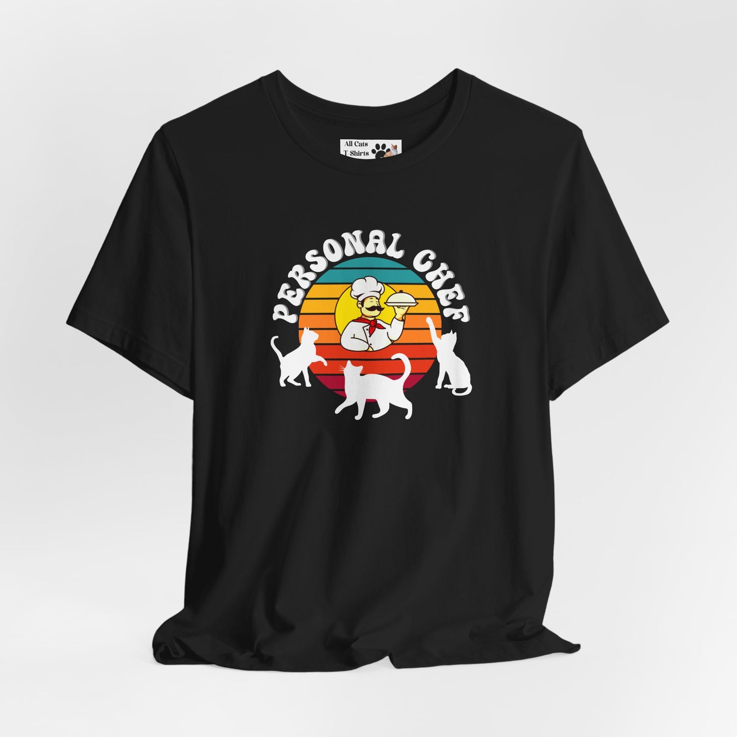 Vintage Style Personal Chef for Cats T-Shirt (#15 - Cat, Chef & Can Opener - Unisex Jersey Tee ā Funny Cat Tee)