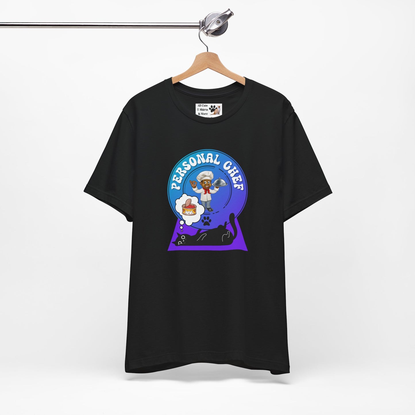 Personal Chef for Cats T-Shirt (#5 - Black Cat & Chef Blue Purple Design - Unisex Jersey Tee – Perfect Cat Care Givers!)