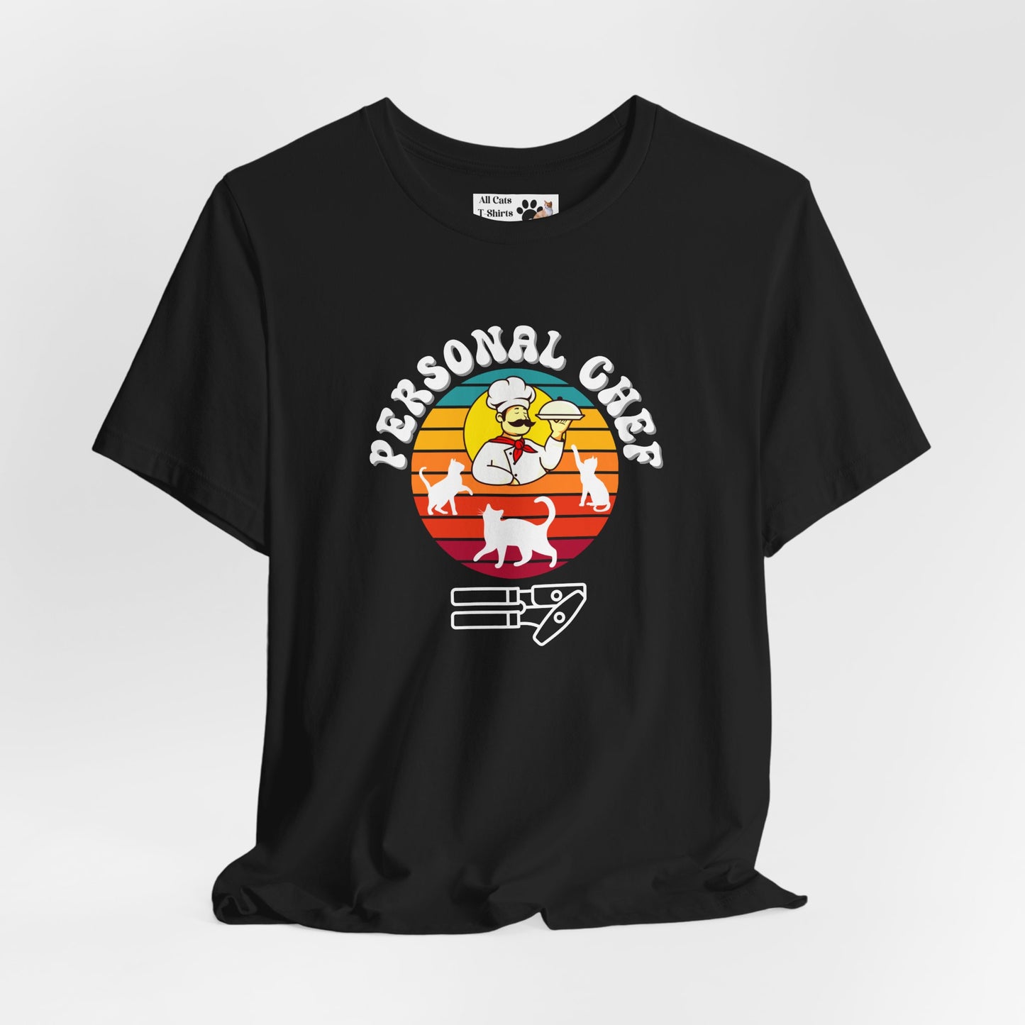 Vintage Sunset Personal Chef for Cats T-Shirt (#16 - Three Cats, Italian Chef & Can Opener - Unisex Jersey Tee – Funny Cat Tee)