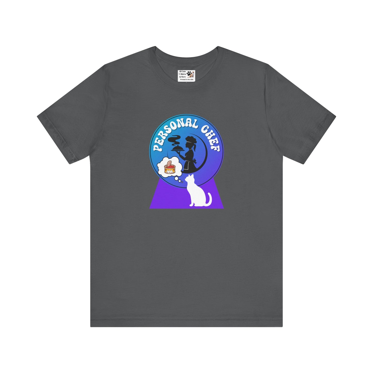 Personal Chef for Cats T-Shirt - (#10 - White Cat & Chef Silhouettes Blue Purple Design - Unisex Jersey Tee – Perfect for Cat Care Givers!)