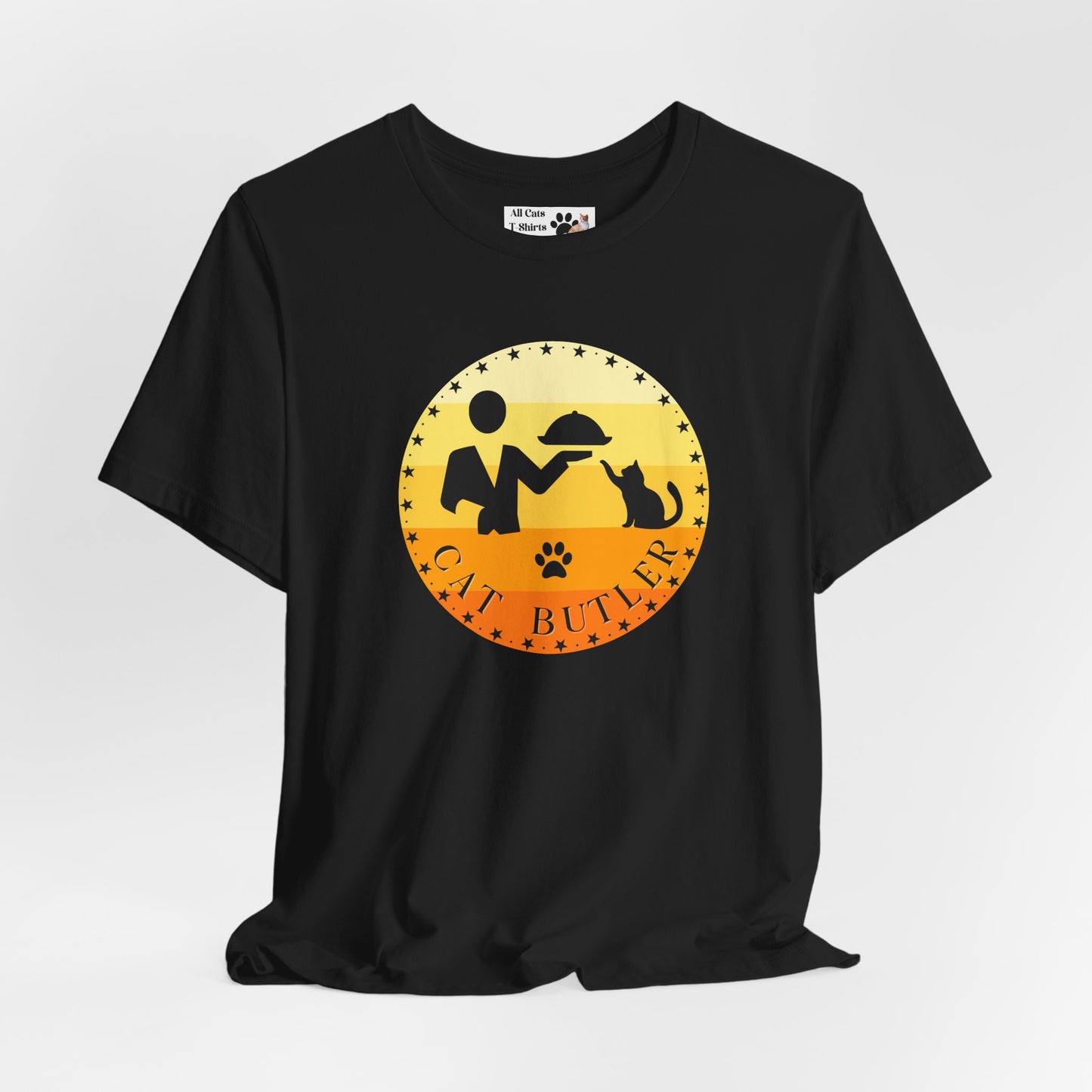 "Cat Butler" T-Shirt - With Vintage Sunset Graphic - (Unisex Jersey Short Sleeve Tee - Perfect Gift for Cat Lovers!)