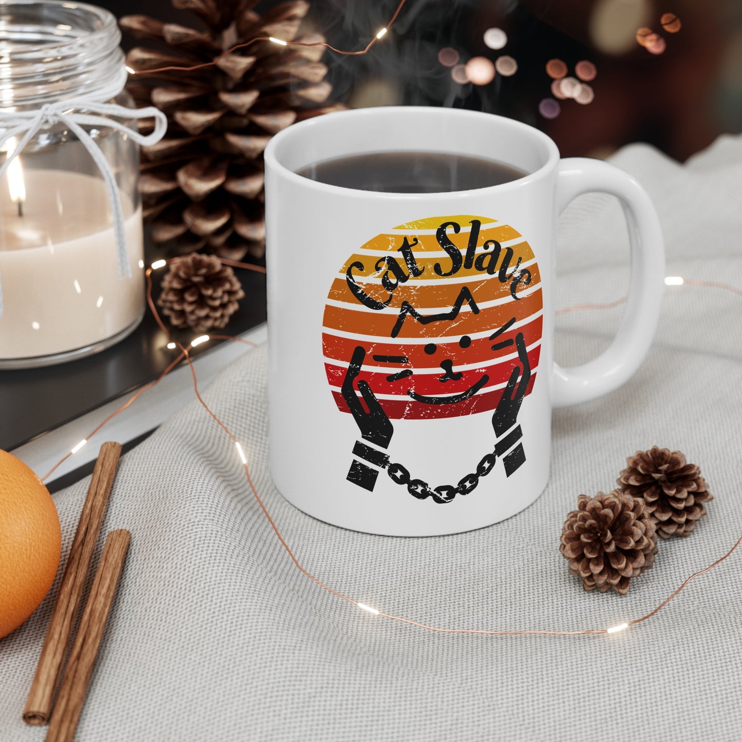 Cat Slave Vintage Sunset Mug - Fun 11oz Coffee Cup for Cat Lovers | Whimsical Gift for Pet Owners